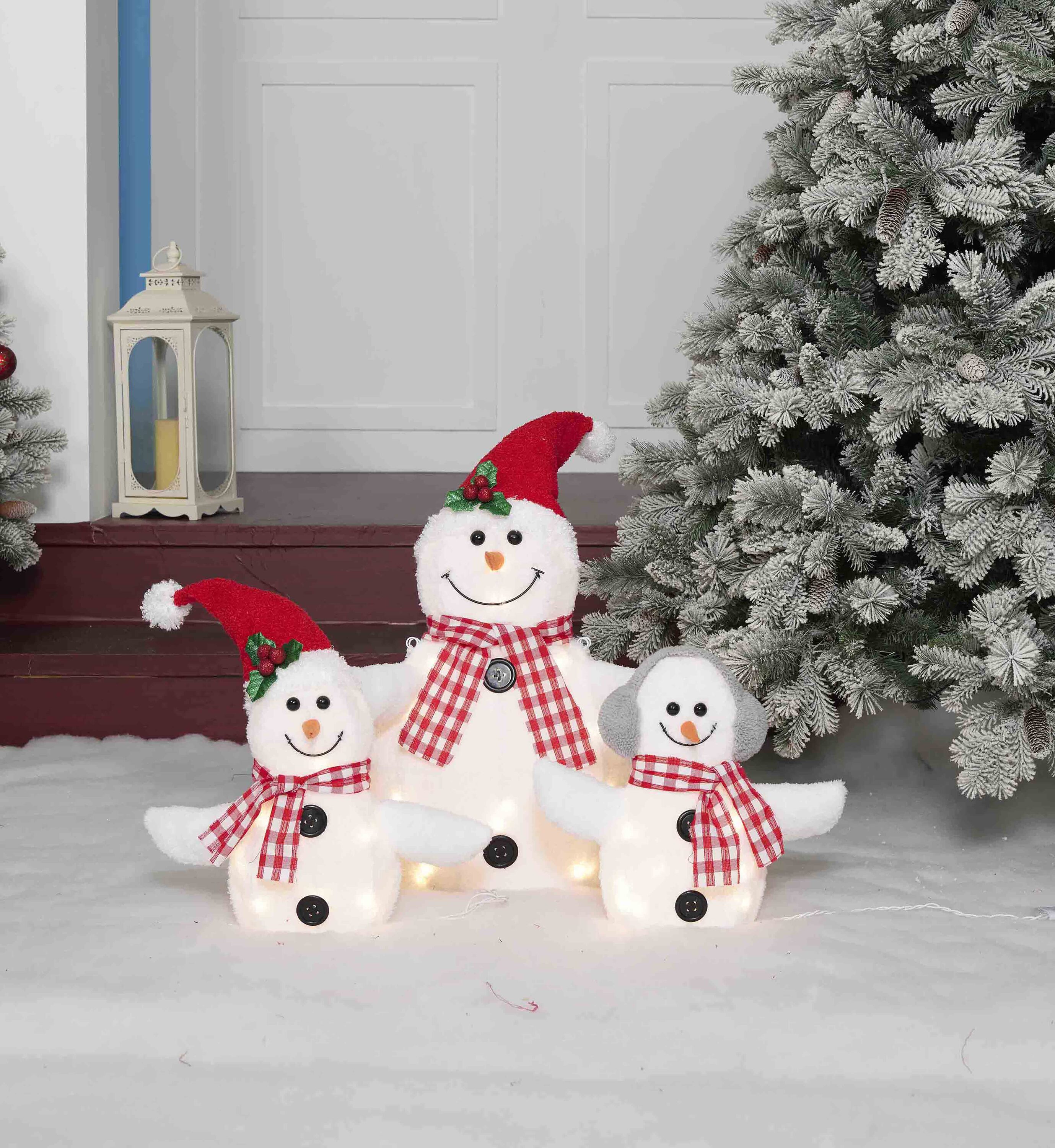 Prelit White Plush Snowman Family Winter Sculpture Set