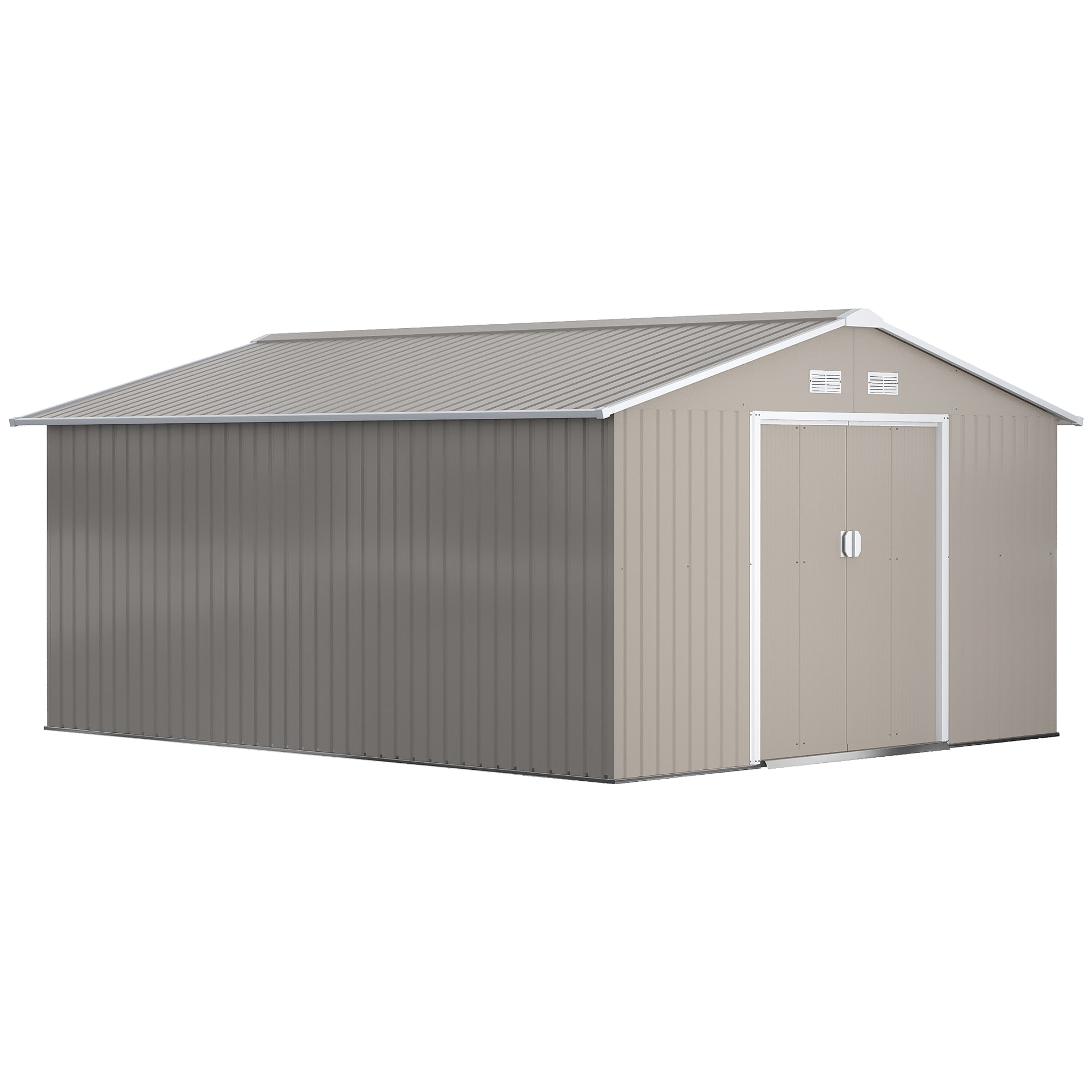 Outsunny 845-031V01LG 11ft x 13ft Outdoor Storage Shed Garden Tool Metal Shed with Foundation Kit Double Lockable Door Air Vents and Sloping Roof for Backyard Patio Lawn Light Gray