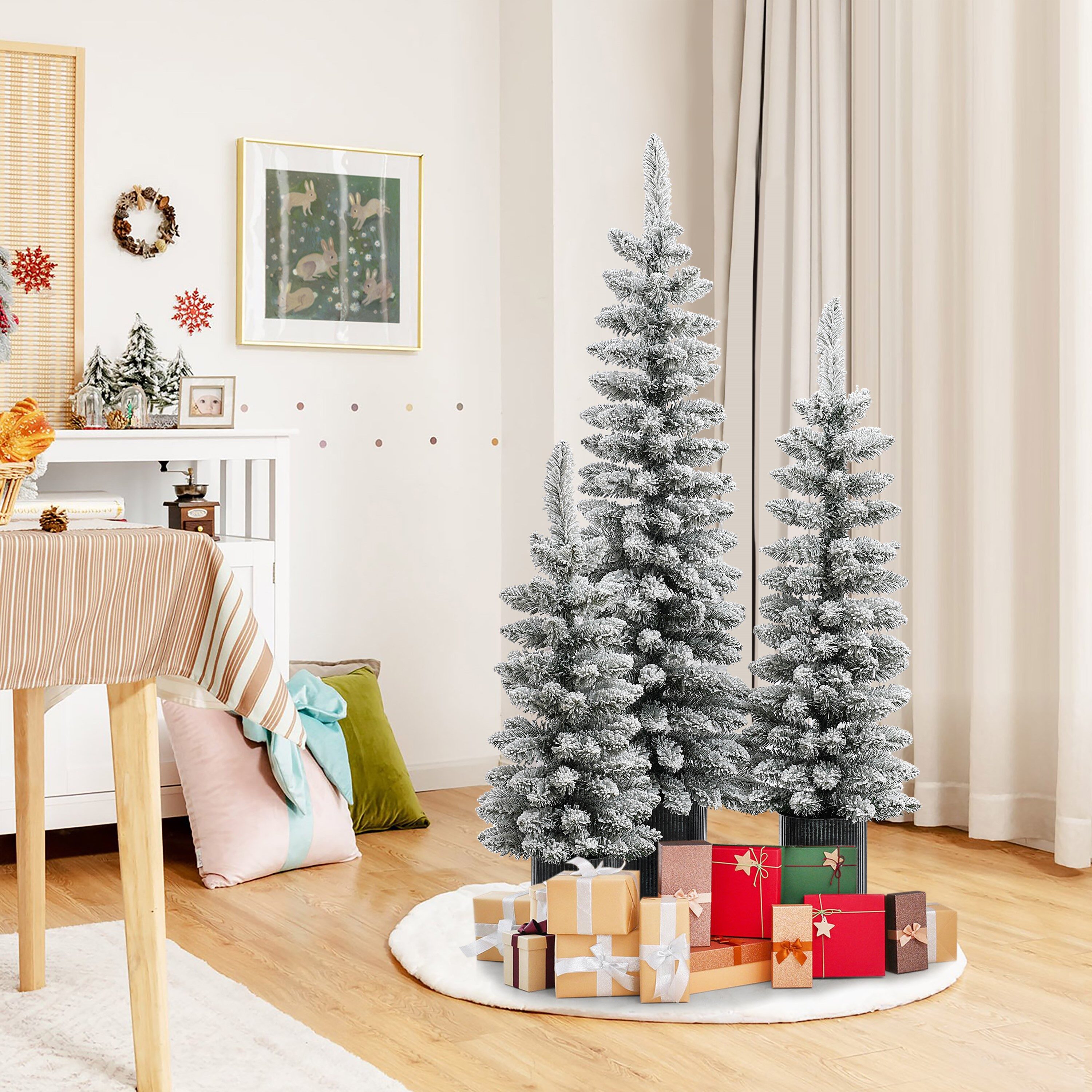 Set of 3 Snow-Flocked PVC Christmas Trees with Metal Pots