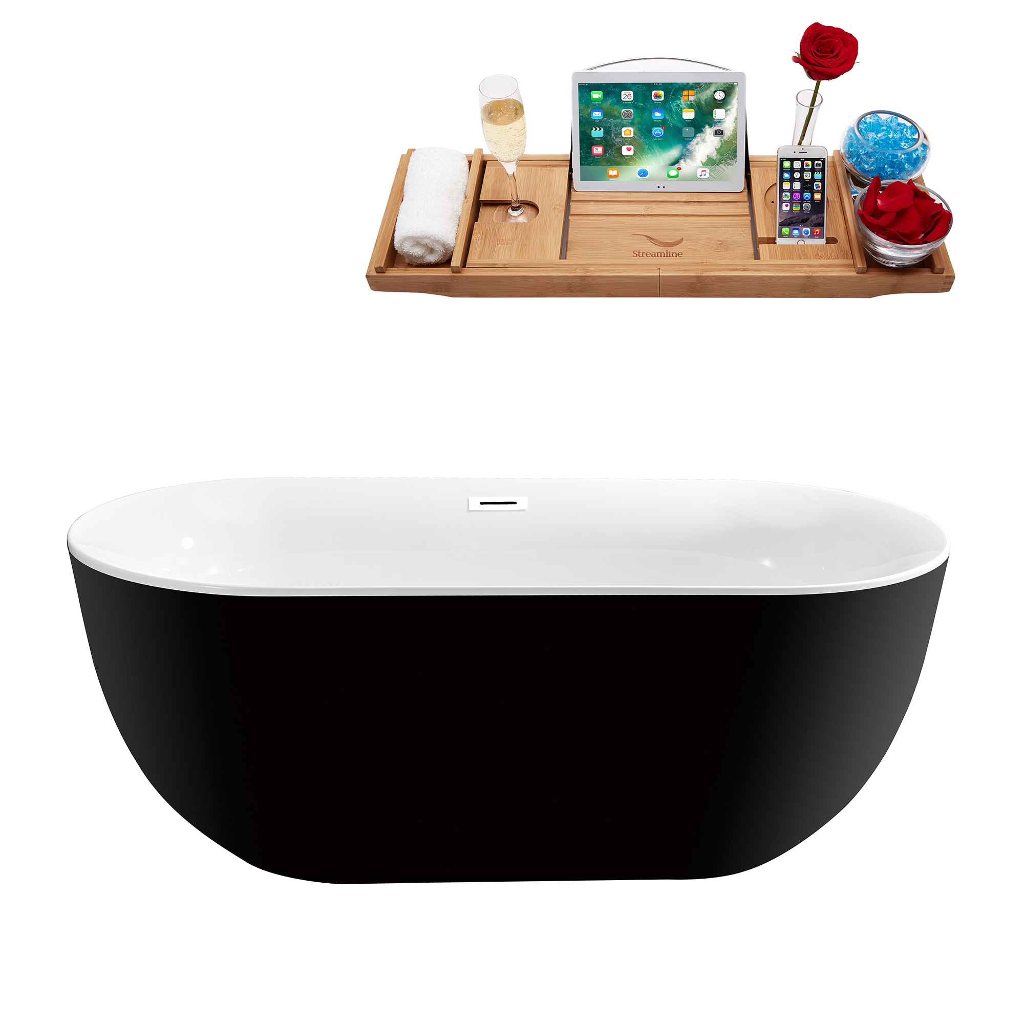 Streamline N801WH 28.3-in x 59.1-in Glossy Black Acrylic Oval Freestanding Soaking bathtub with Drain ( Center Drain )