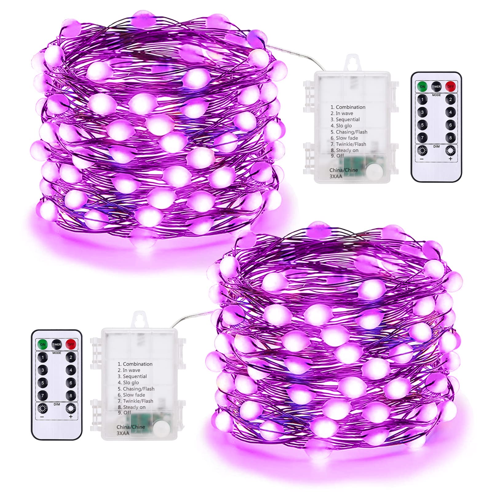 DYRCJ  Purple Halloween Lights 2 Pack 17.48ft 50 LED power cell Operated Fairy Lights with Remote 8 Modes Indoor Outdoor Twinkle Lighting for