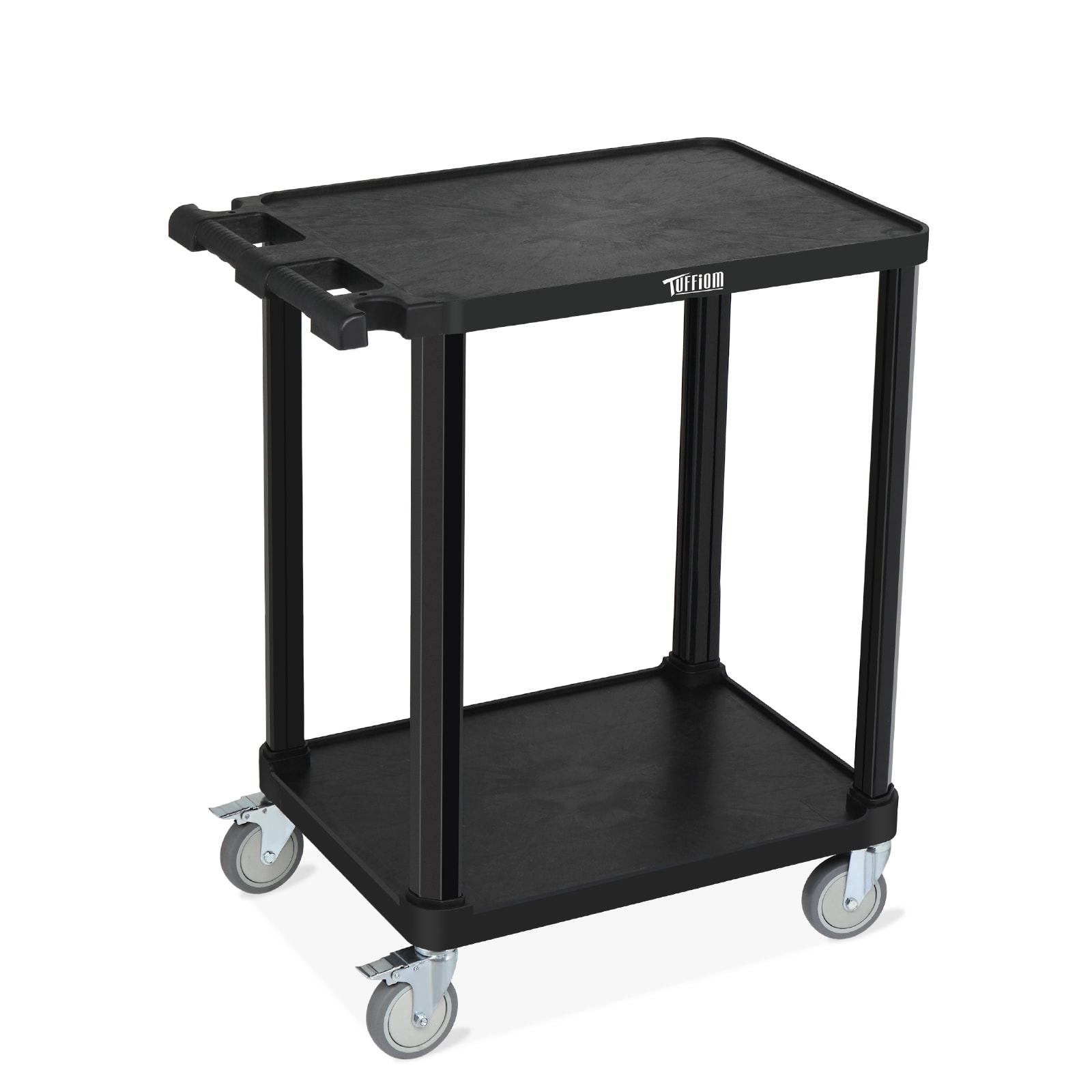 TUFFIOM - 31.5W 2-Tier Plastic Service Utility Cart with Wheels Multi-Function Handle Storage Gre...