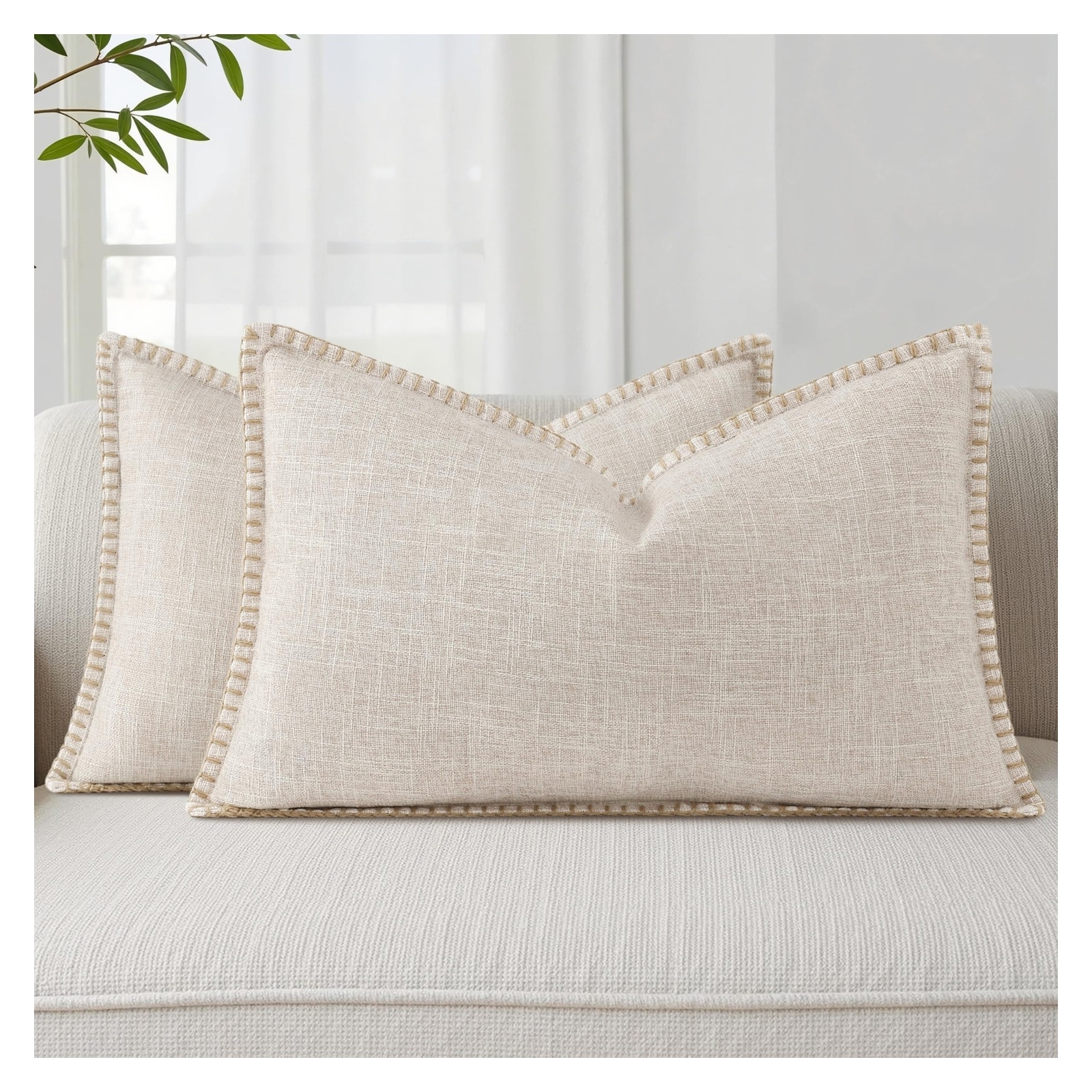 ITOPFOX  Faux Linen Throw Pillow Covers Set of 2 12 x 20 Inch Neutral Farmhouse Lumbar Pillow Covers for Couch Sofa Living Room Beige