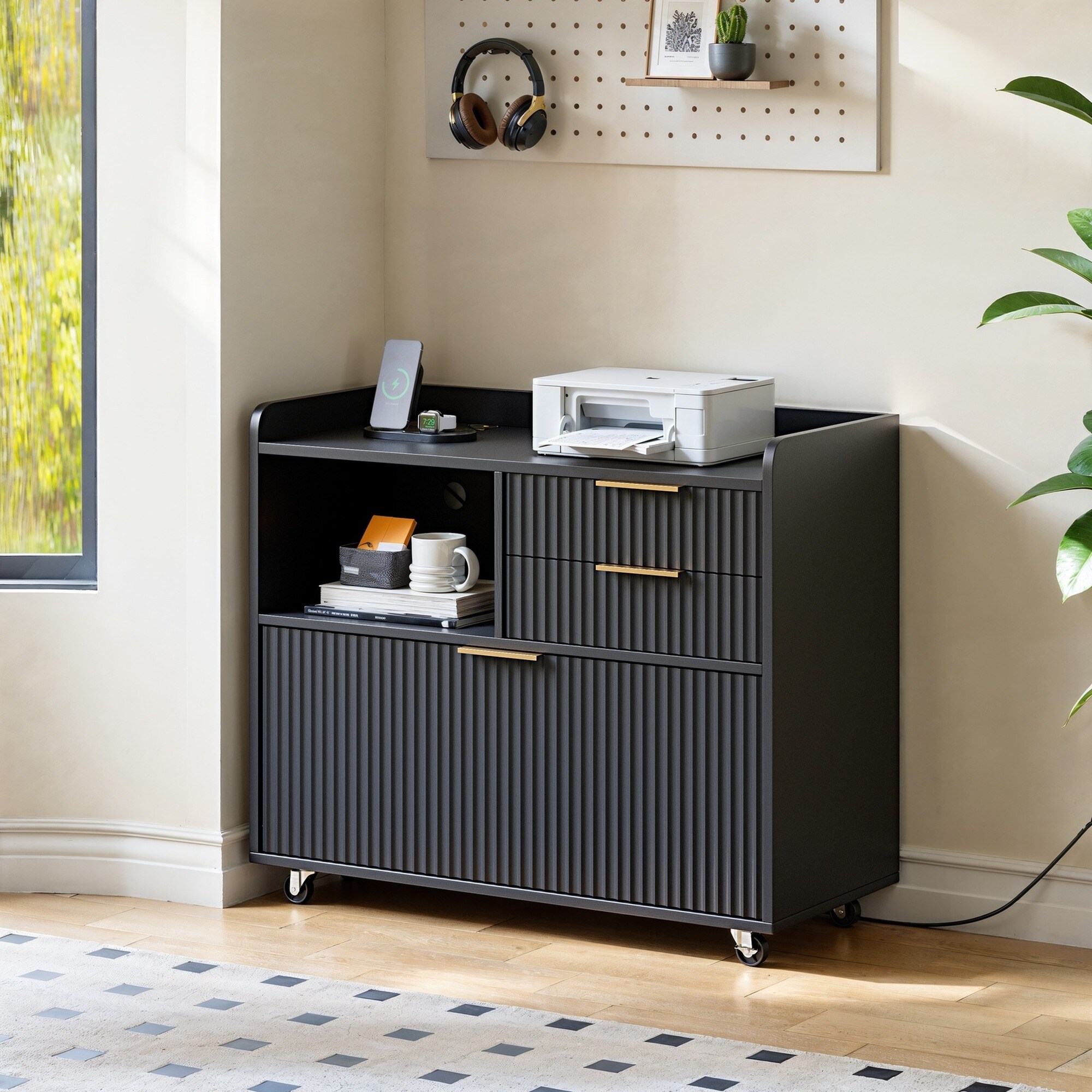 UOI 32 inch Black Mobile Office File Cabinet with Charging Station and ...
