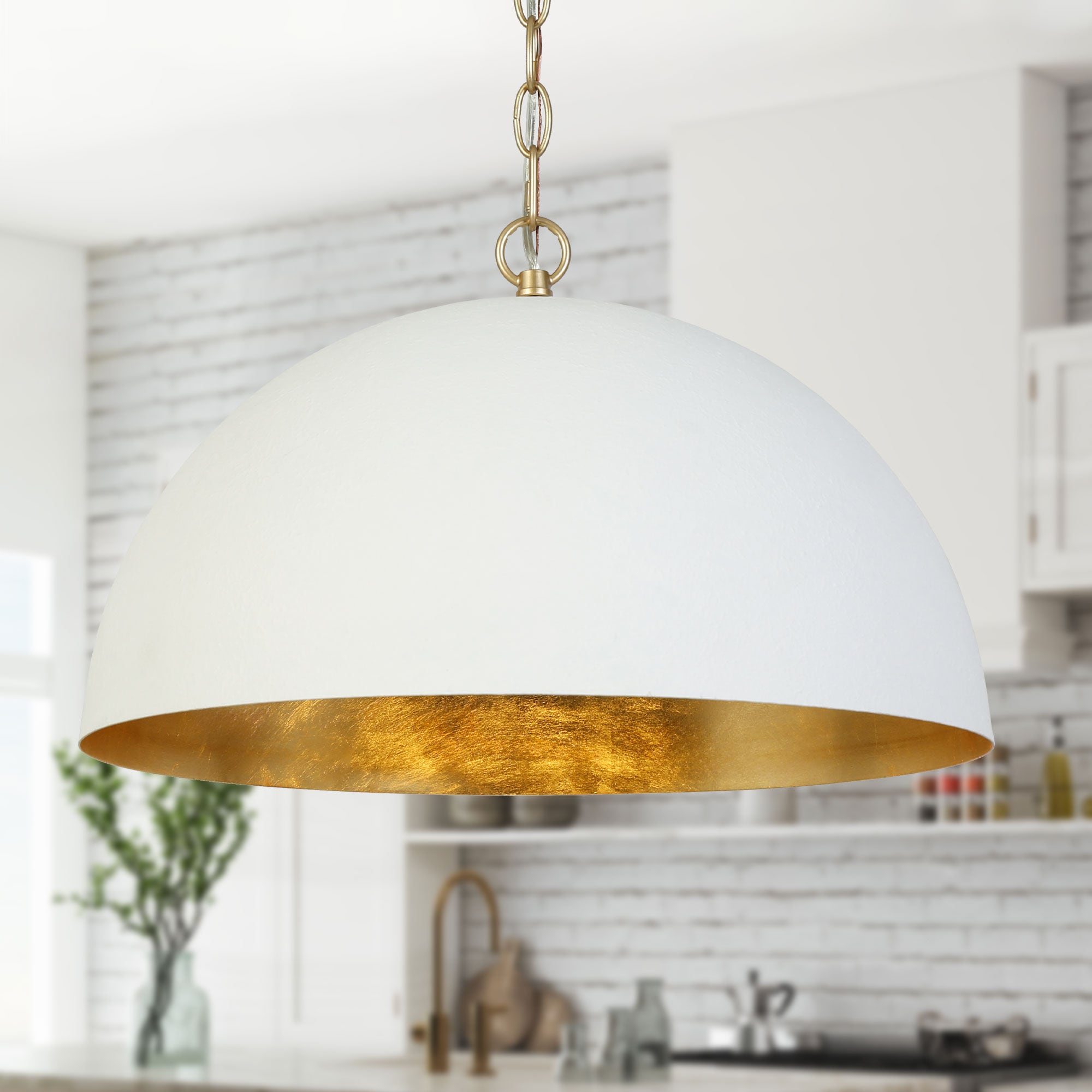 ZEVNI L377R2EJW5428S39 Alba Matte White/Brushed Gold Dome Chandelier For Dinning Modern/contemporary Dome Medium Hanging Kitchen island light