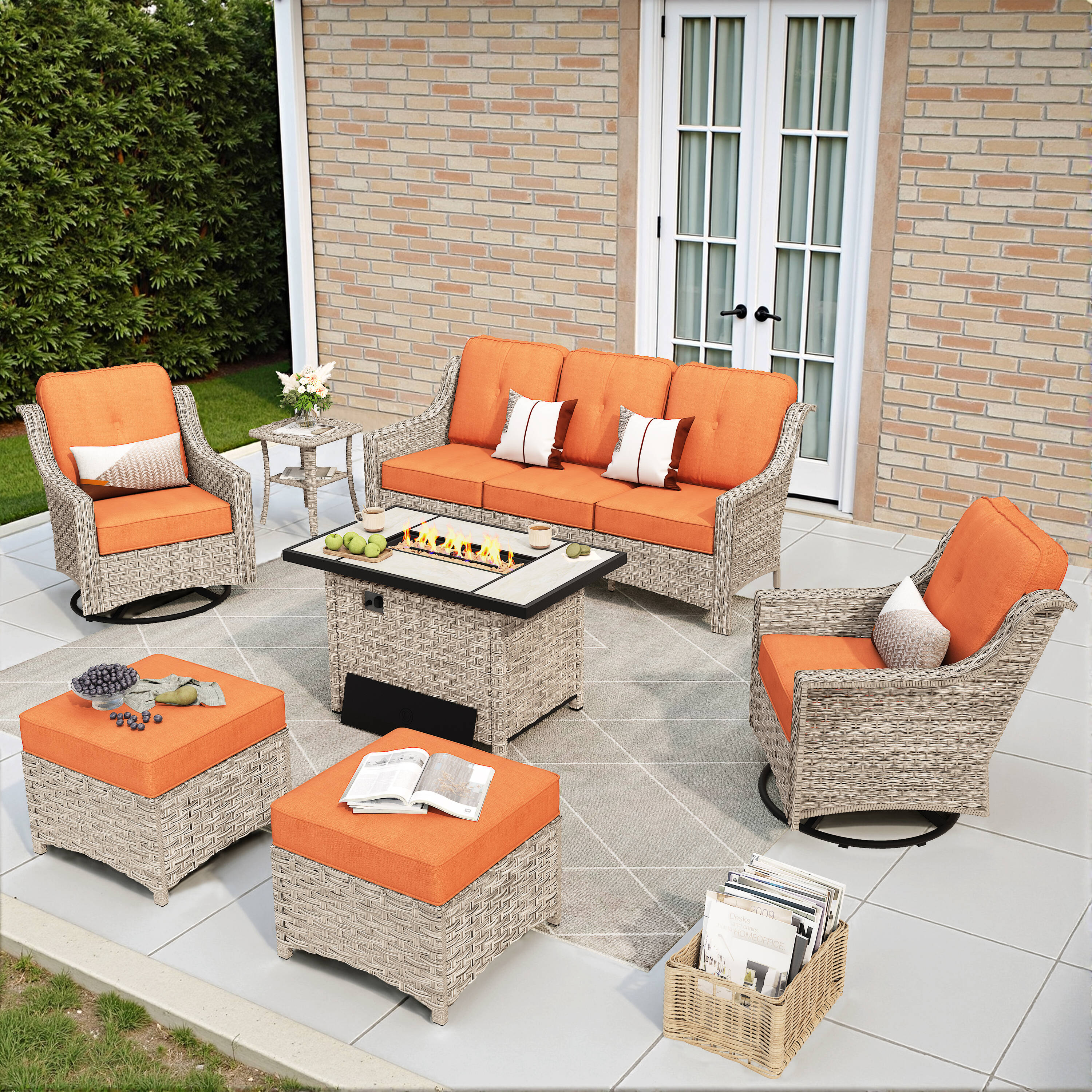 weaxty HMBCFP-YZPAD80C72 Aireno 7-Piece Rattan Patio Sofa Conversation Set with Orange Cushions
