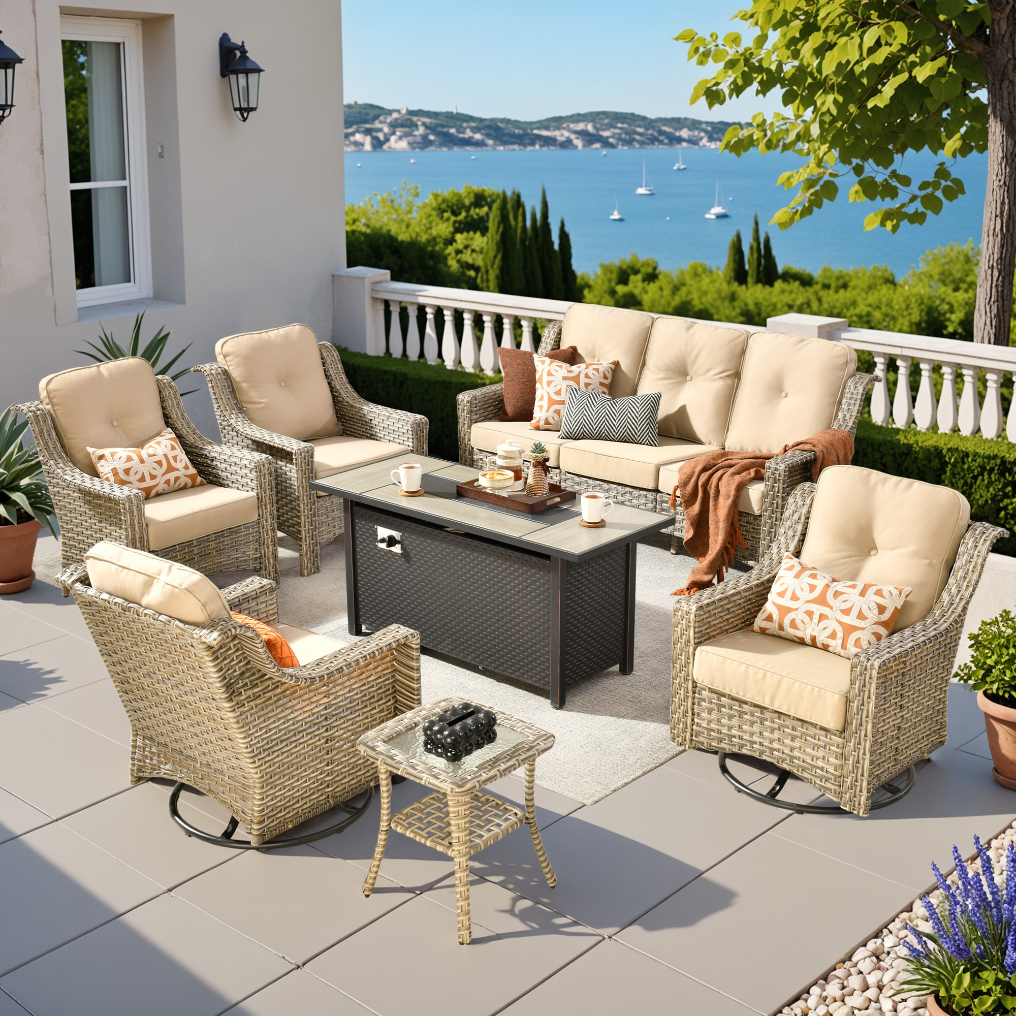 Pouuin SDFPYZPAD606 7 -Piece Wicker Patio Sofa Conversation Set with Beige Cushions