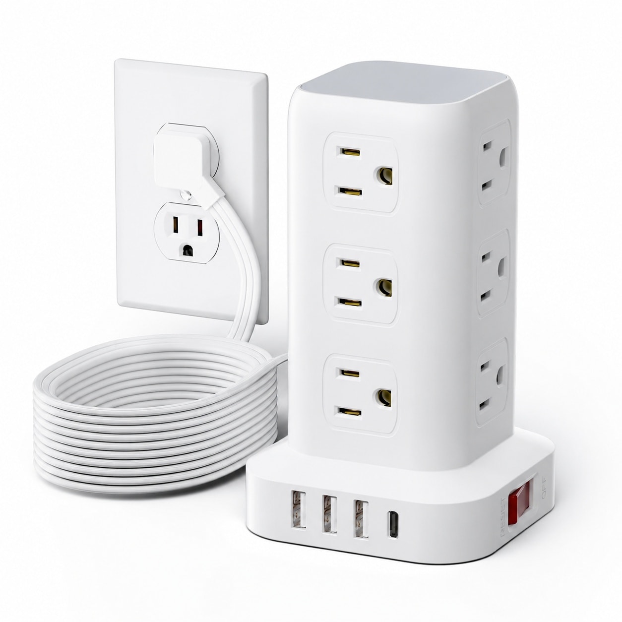 AKSCYZM  Surge Protector Power Strip Tower with USB Multiple Outlets Flat Plug Extension Cord for Home Office 16 AC Outlets 16.5FT Cord Overload