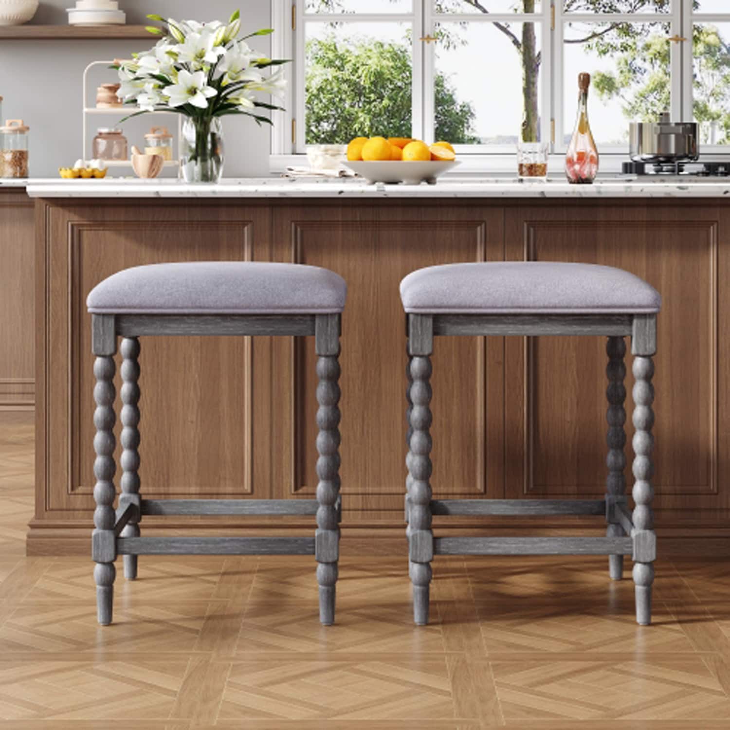 ModernLuxe Assembly Required 26inchCounter StoolsSet of 2 with Upholstered Seat Solid Acacia wood Frame FoamPadded Seat Open Airy Design for Kitchen Island and Bar Gray