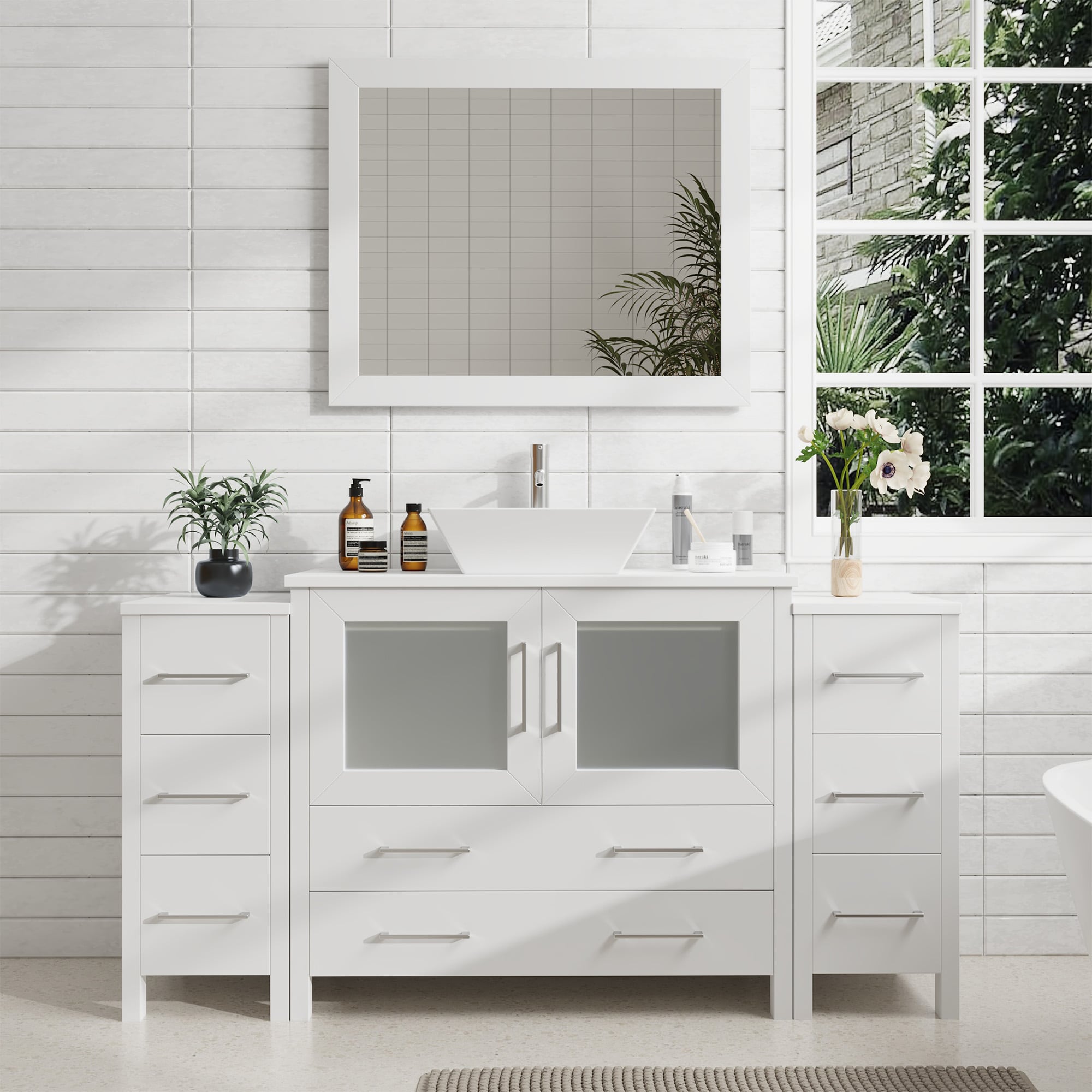 Vanity Art VA3136-60W Ravenna 60-in White Single sink Bathroom Vanity with White Engineered marble Top (Mirror Included)