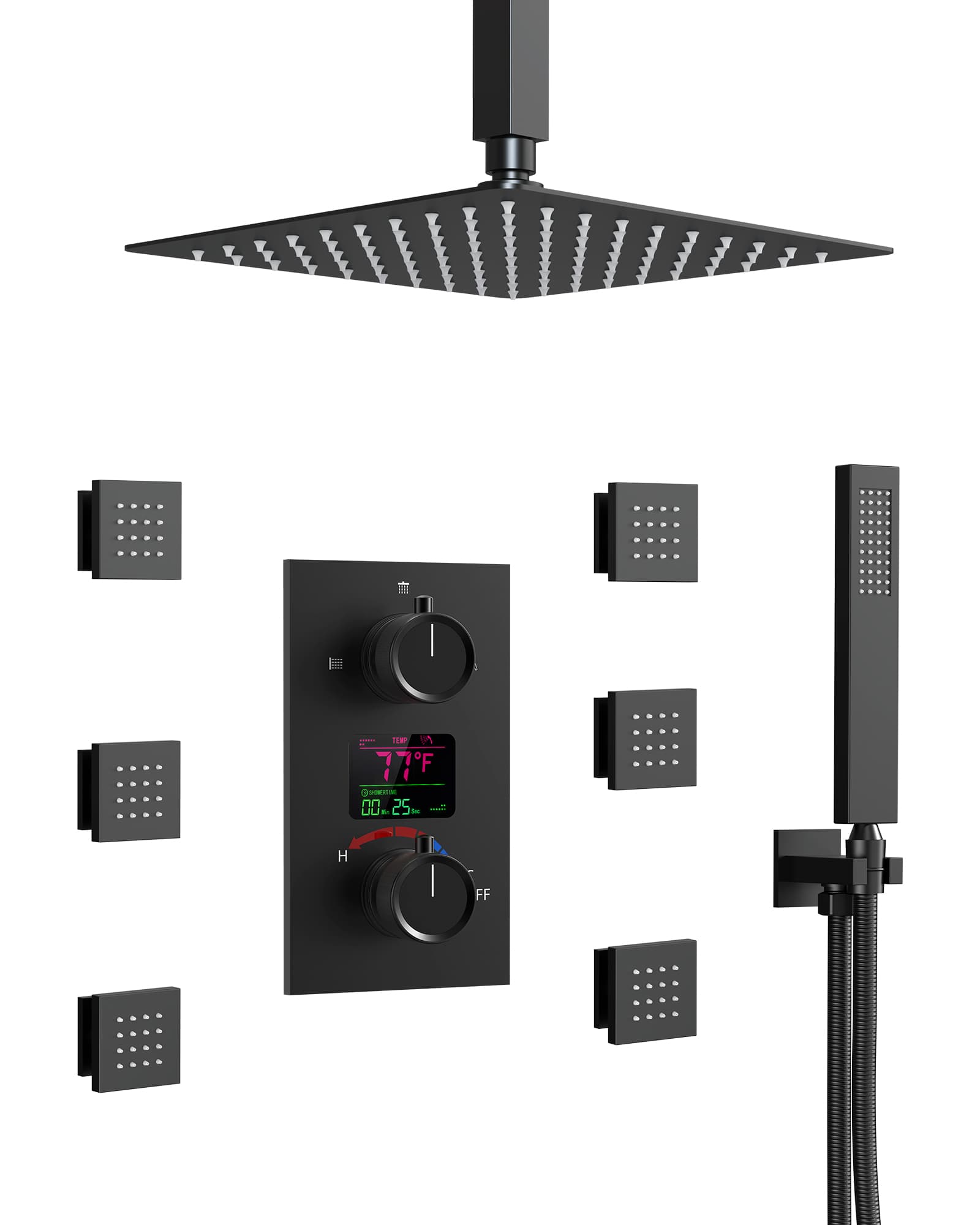 EVERSTEIN SFS-1015-BK12 Knobs 3-Spray 12 in. Thermostatic Rain Dual Shower Head Fixed and Handheld Shower Head in Matte Black 2.5 GPM