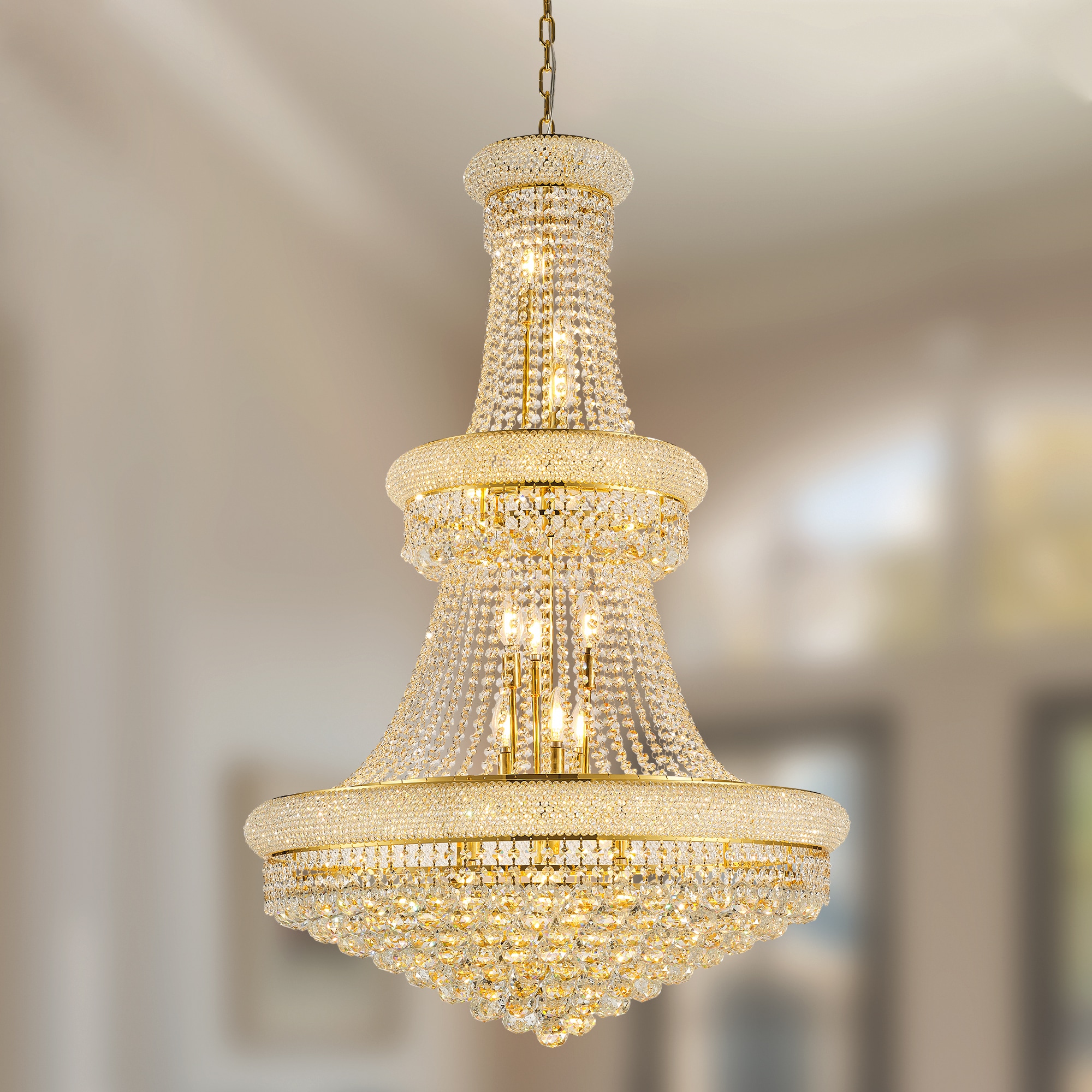LUXEYARD 32-Inch Gold Crystal Chandelier 27-Light French Empire Ceiling Light with LED Bulbs Adjustable 59-Inch Chain 3000K Warm Light Ideal for Living Room Dining Room and Foyer