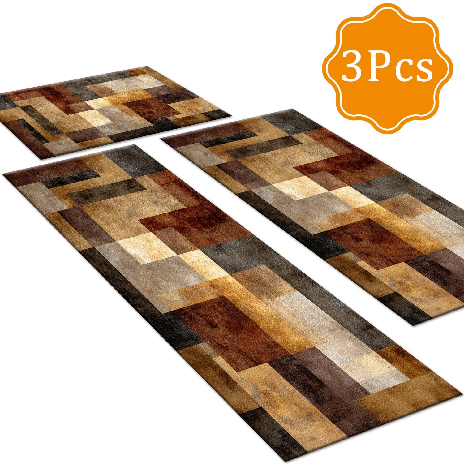 Gloweer 3-Piece Indoor Rug Set Non-Slip Washable Runner Mats Soft Floor Mats for Kitchen Laundry Hallway and Entryway 20x32in 20x47in 20x60in Brown Geometric Block