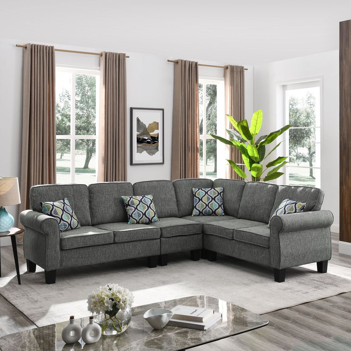 JASMODER W487S00171 Shelter L-Shape Sectional Sofa With Reversible Chaise, Four Pillows Included, Plastics Legs, Dark Grey (106 inch X83 inch X35)