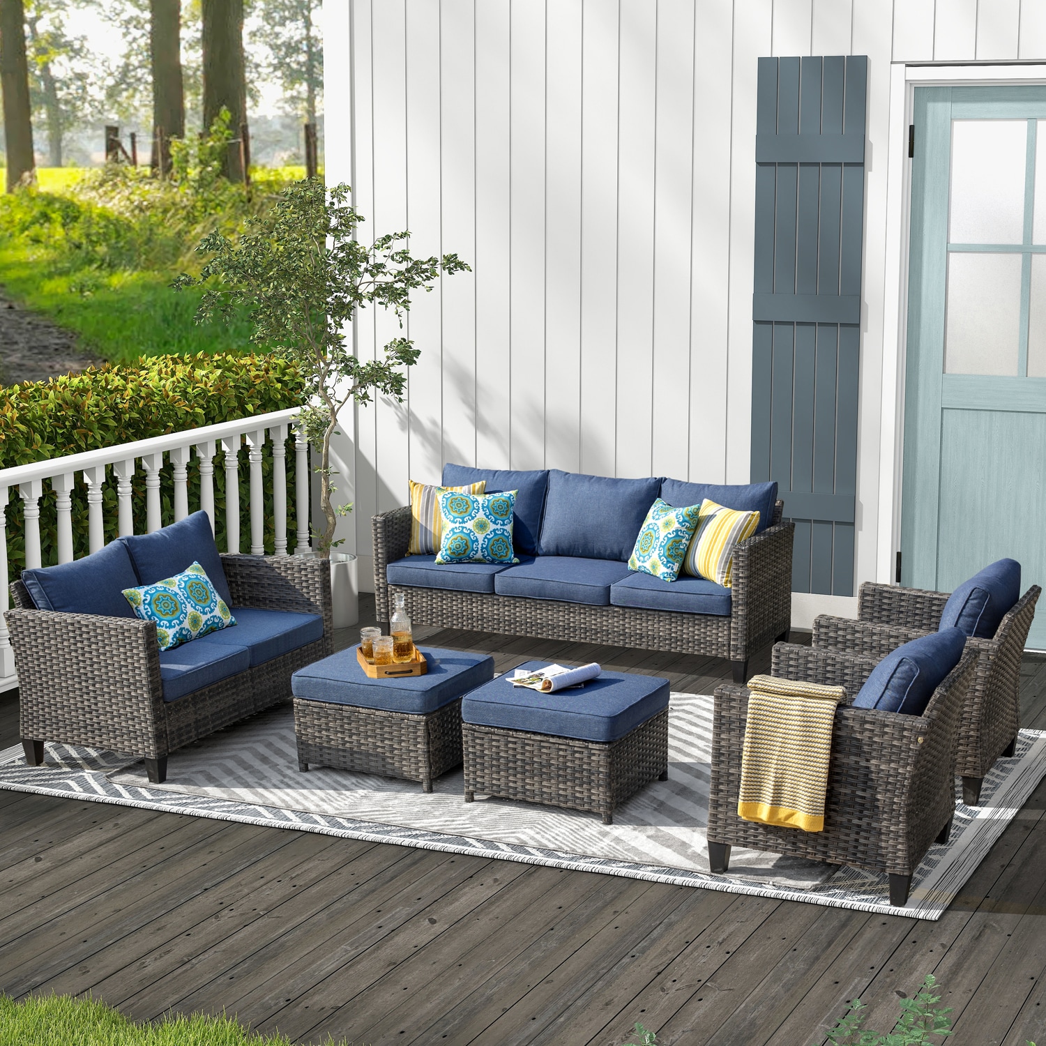Ovios LGRS306 6 -Piece Wicker Patio Sofa Conversation Set with Blue Cushions