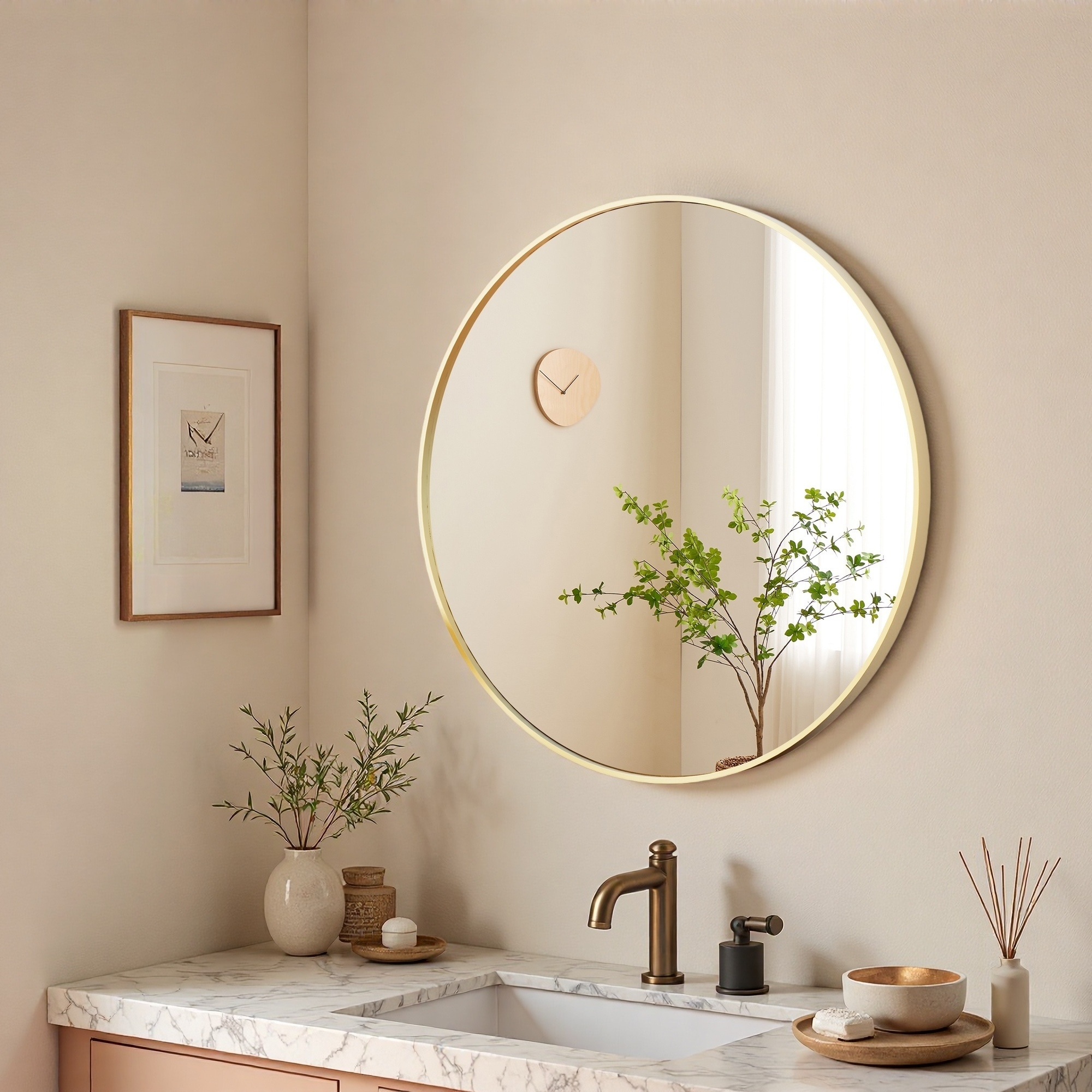 GlasFlength LW-MI-Y24IN-GD 24 Inch Circle Gold Mirror Bathroom Vanity Mirrors Decorative Mirror Round Wall Home Hanging Mirror Home Decoration Anti-Rust