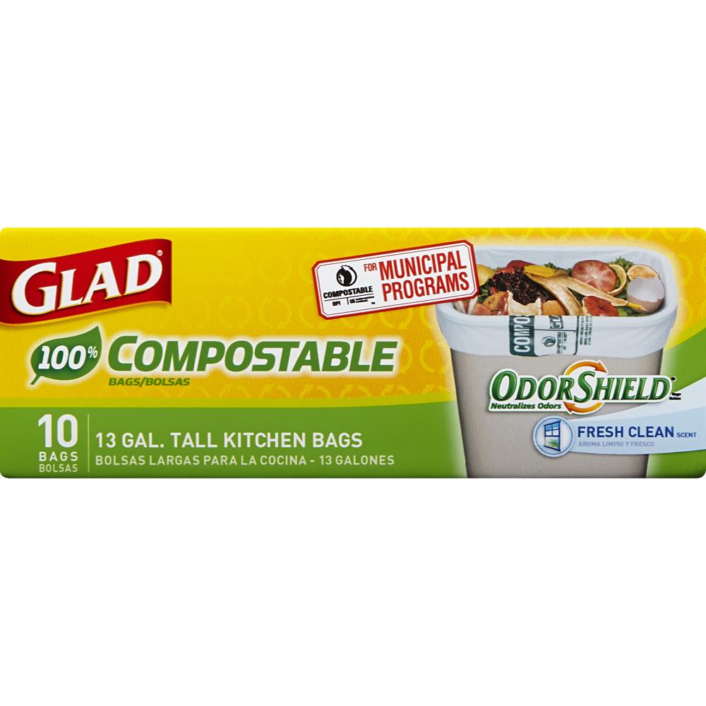 Glad Compostable 10-Pack 13-Gallon Fresh Clean Green Polypropylene Kitchen  Flap Trash Bag in the Trash Bags department at