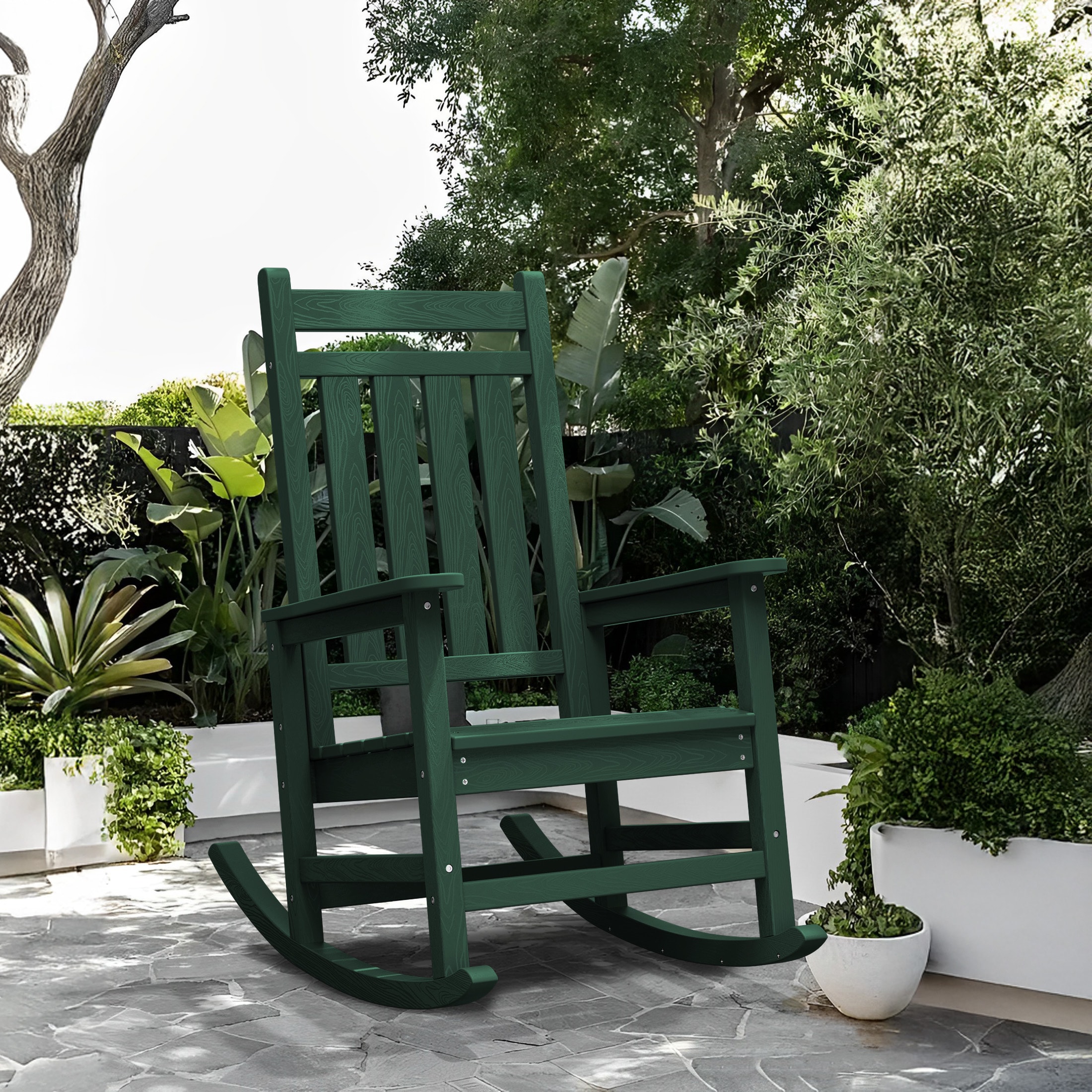 JEAREY YDYY-LG HDPE High-back Patio Rocking Chair Green HDPE Frame Rocking Chair with Slat Seat