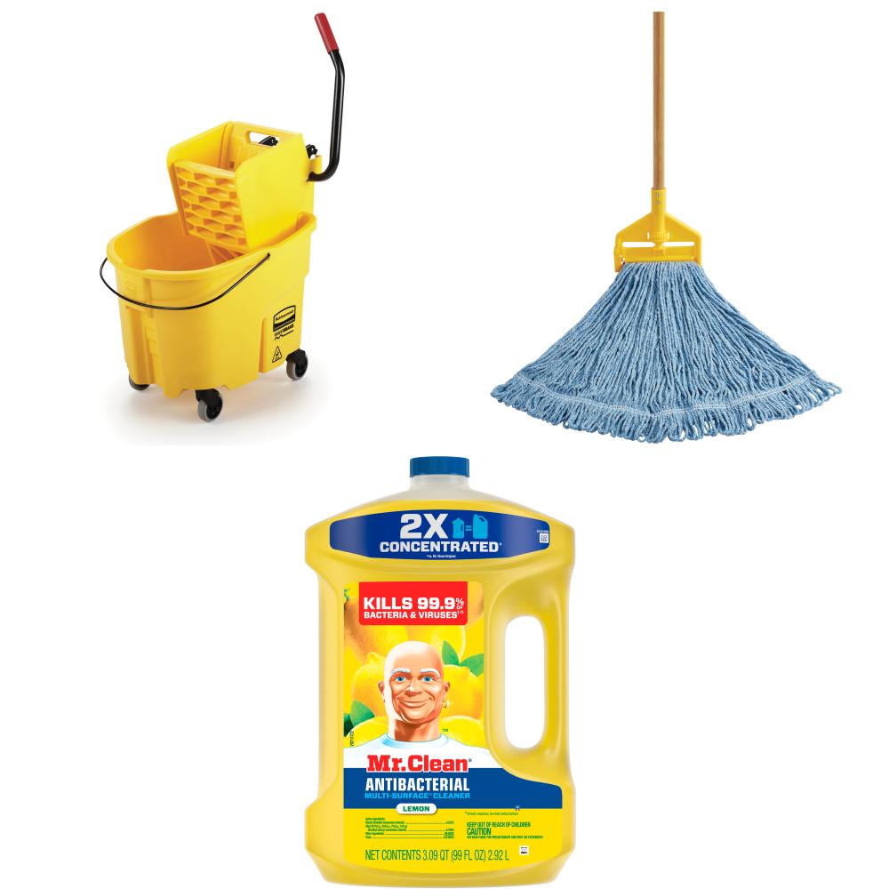 Rubbermaid Commercial Products  Rubbermaid Commercial WaveBrake Mop Bucket with Mr. Clean Lemon Cleaner and Professional String Floor Mop