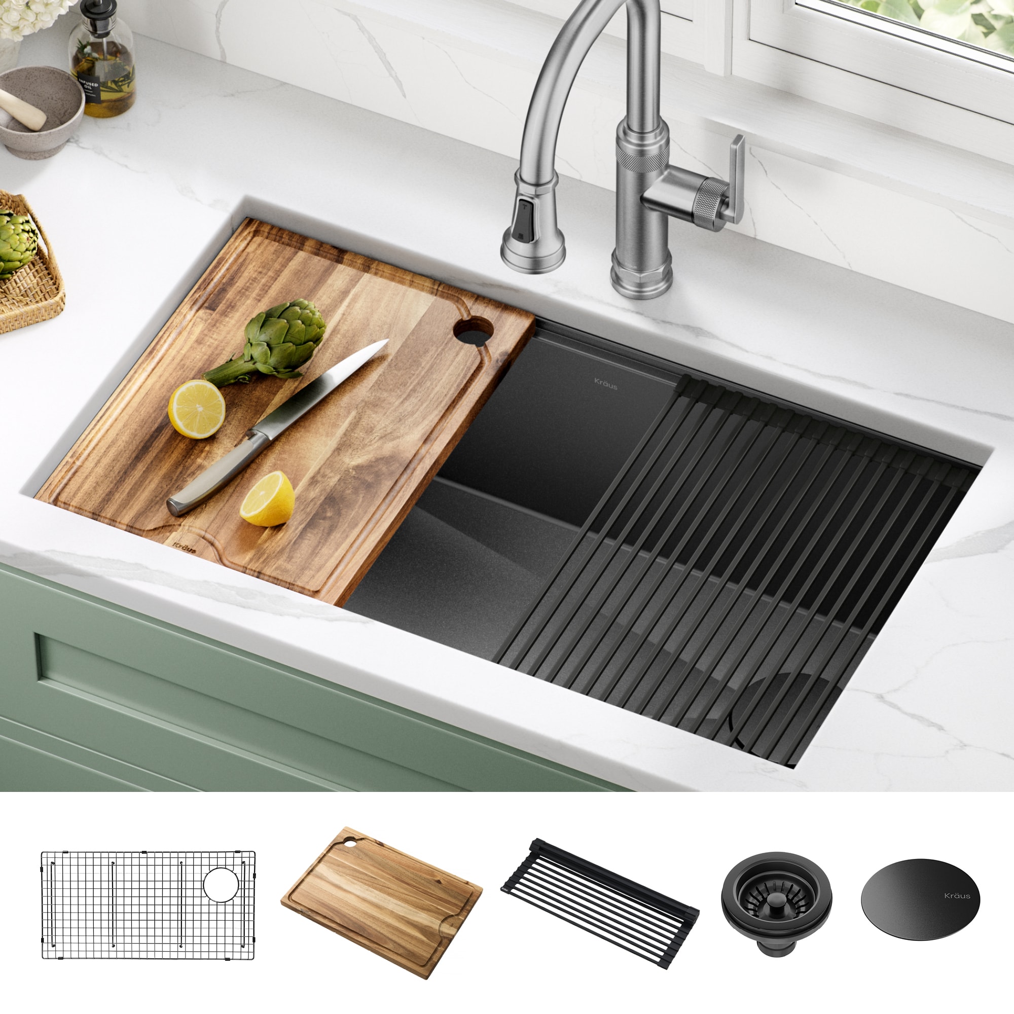 Kraus KWU110-32/PGM Kore Undermount 32-Inches x 19-Inches Stainless steel Single bowl 16 -Gauge Workstation Kitchen Sink