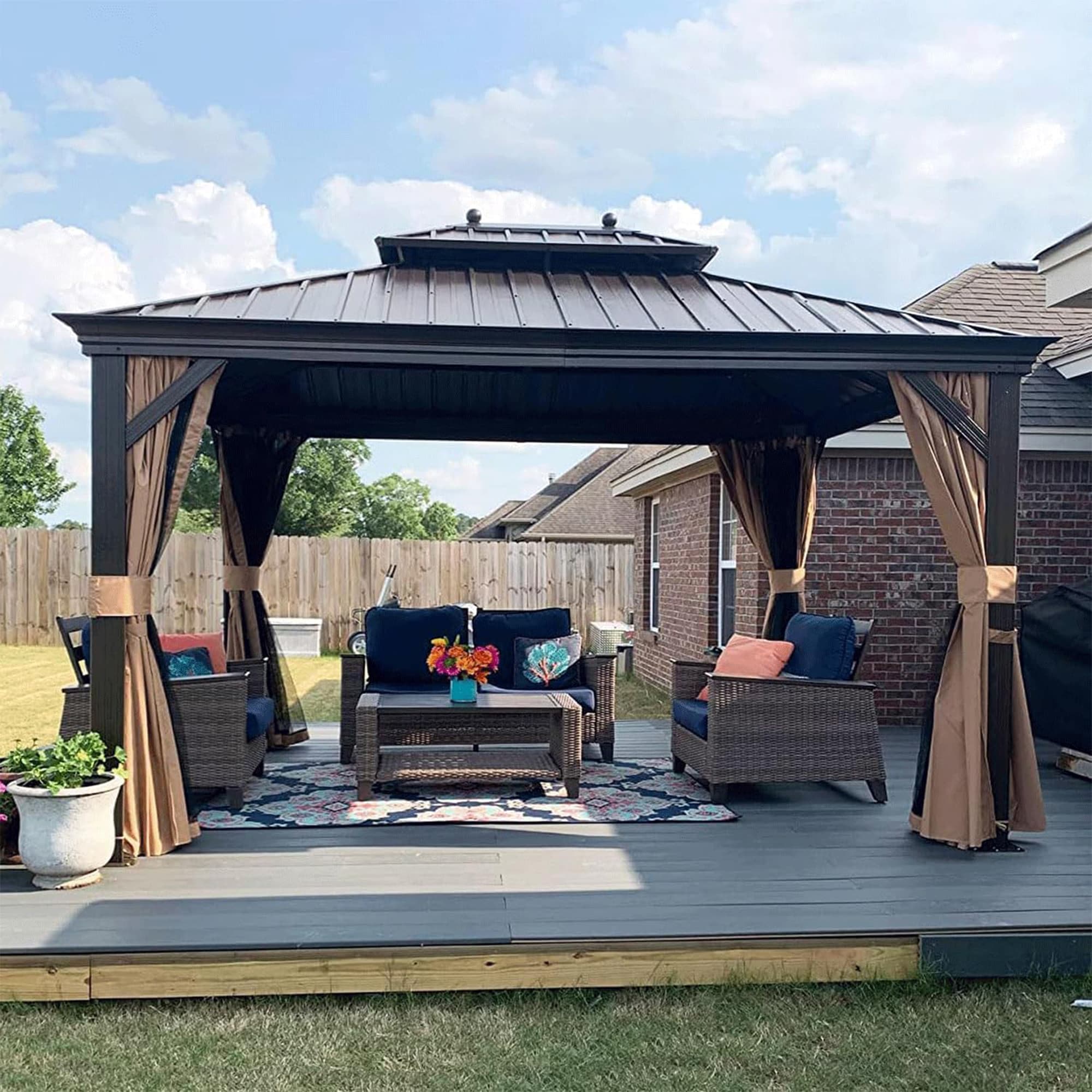 PURPLE LEAF LSMHS1013 13-ft x 10-ft Hardtop Gazebo Khaki Gazebo with Hardtop Roof (Screen Included)