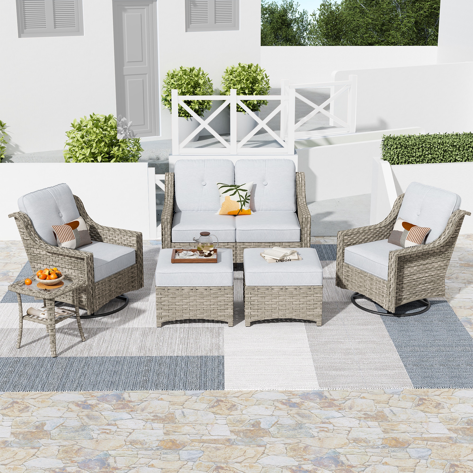 Pouuin SPAD405 6 -Piece Wicker Patio Sofa Conversation Set with Gray Cushions