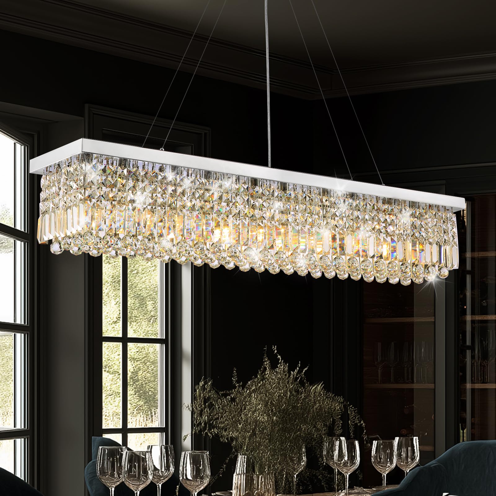 SILJOY LH-00212 47L X 10W X 10H Modern Silver Rectangular Crystal Chandelier (10-Light Modern and K9 Crystal Rectangle Chandelier wiht Farmhouse Pendant Light Fixture for Kitchen Island Bar Bedroom)