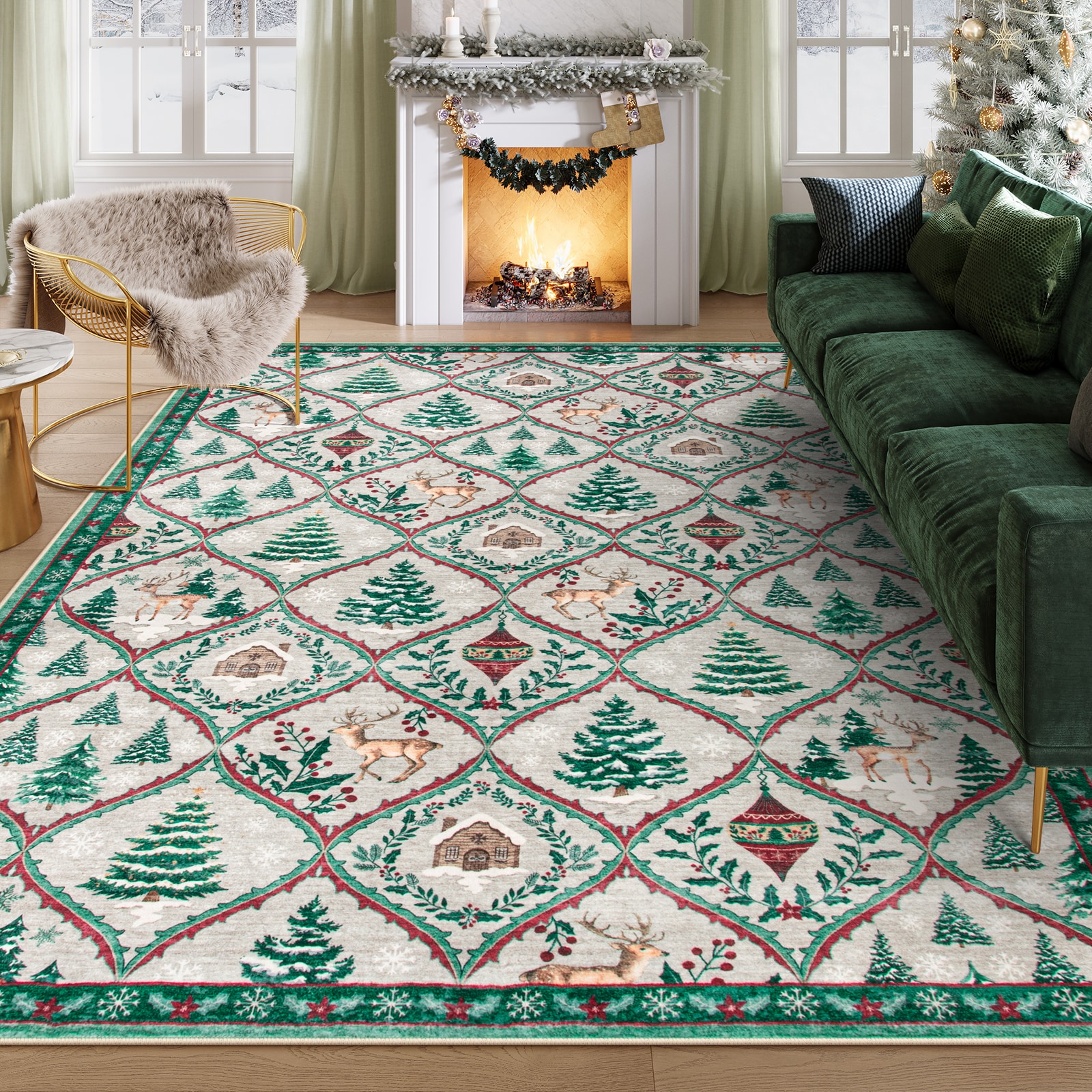 Lahome AR-ZZR-009-K4 8x10(ft) Khaki Washable Christmas Christmas Deer Tree Pattern Holiday Decor Non Slip Ultra Thin Soft Area Rug