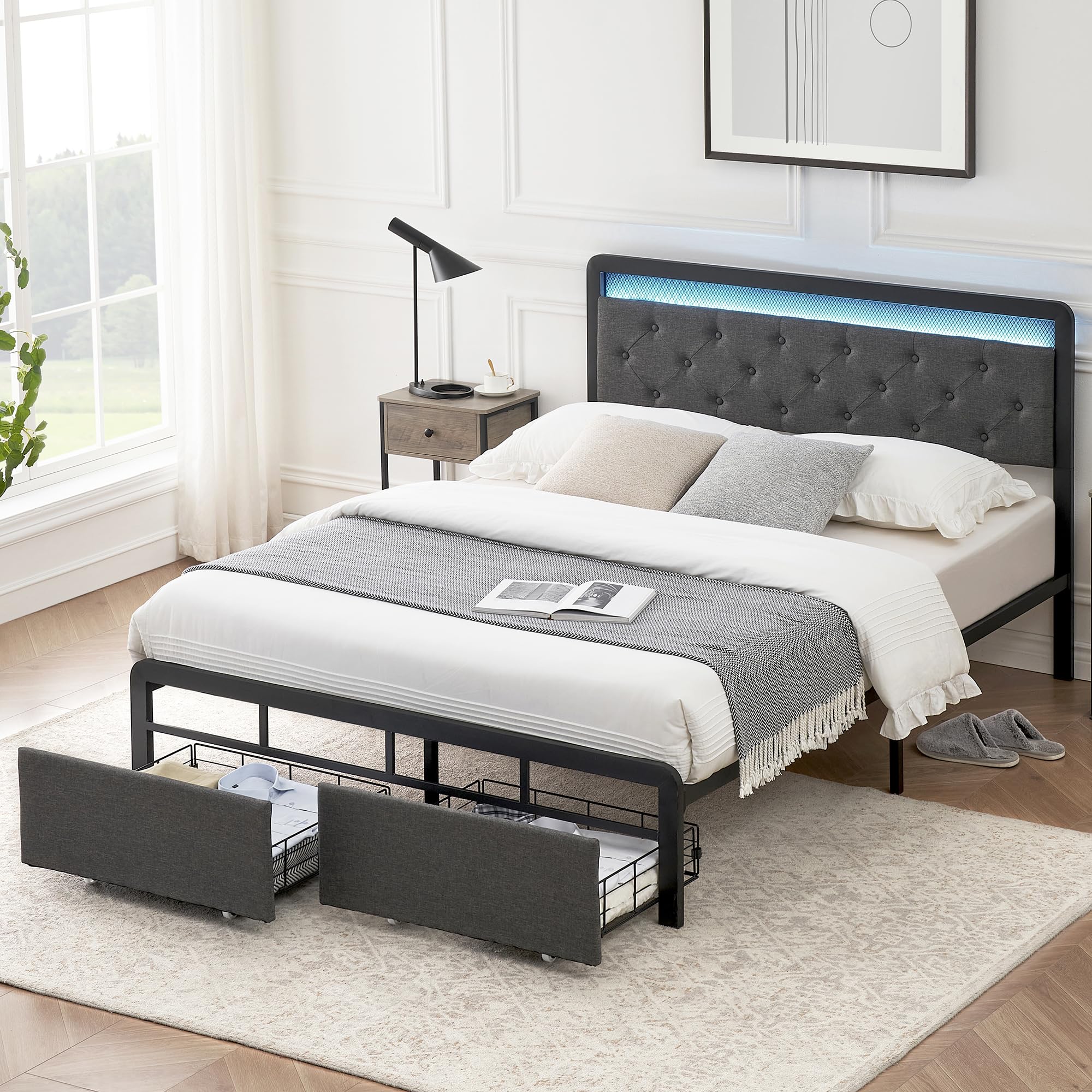 Garvee Full Bed Frame with LED Headboard Upholstered Platform 2 Storage ...