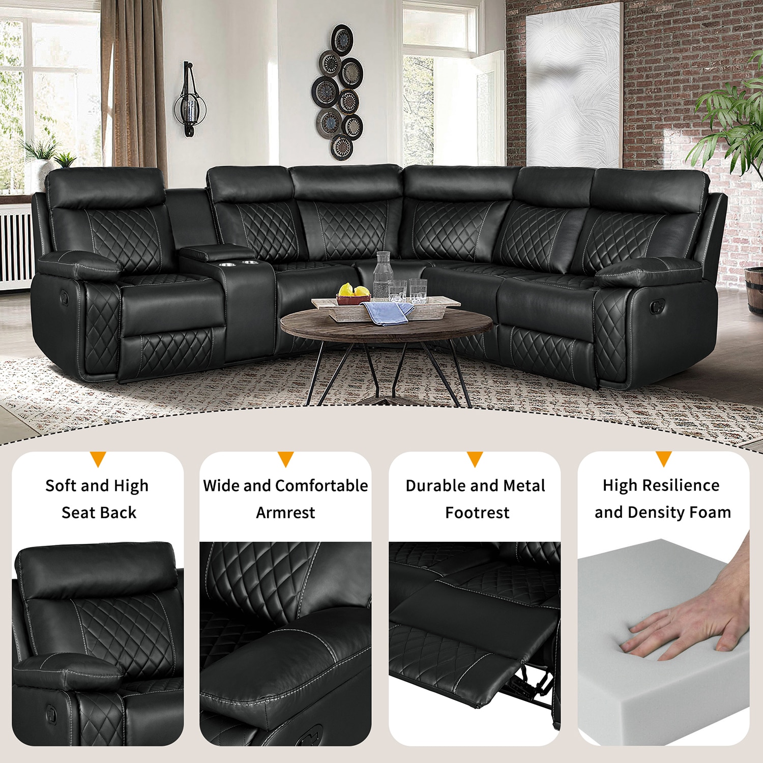 Bybafun 98-in Midcentury Black Faux Leather 5-seater Reclining ...