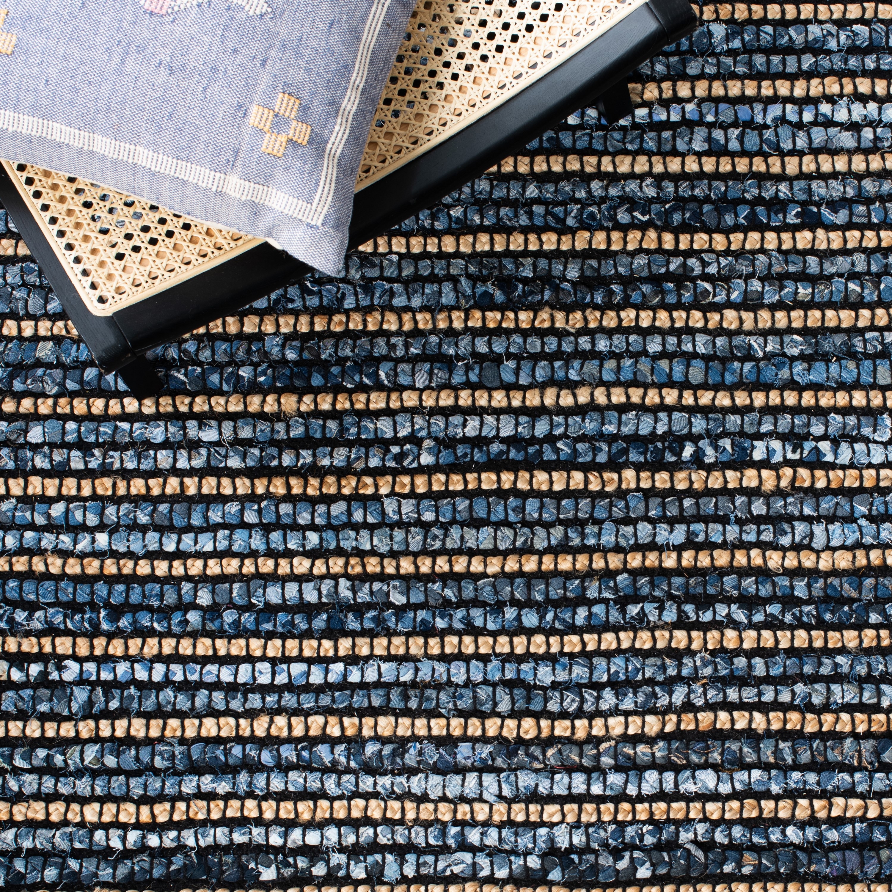 Handmade Blue and Natural Cotton Square Geometric Area Rug
