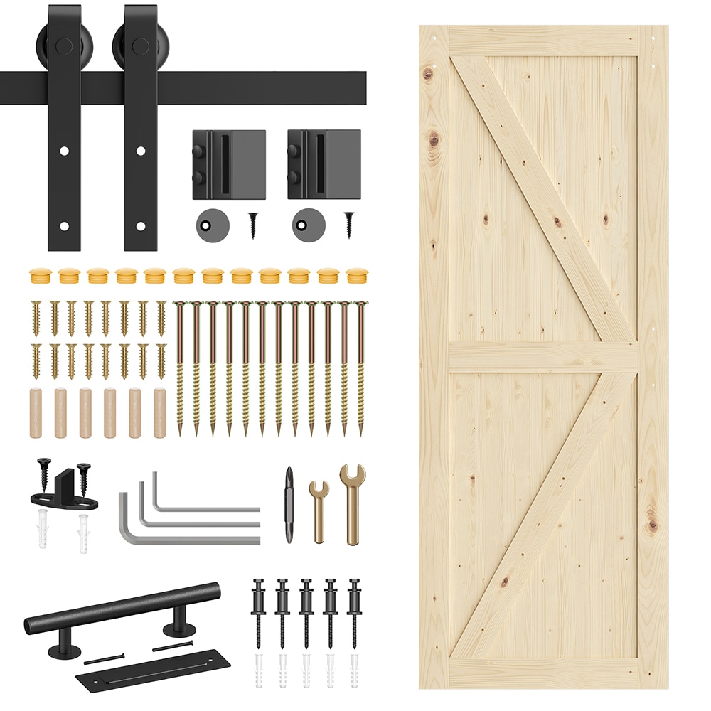 LOVMOR BD-F6BC0046DF-32 32 in. x 84 in. Sliding Barn Doors with 64 in. Hardware Kit Wood Unfinished Solid Pine Barn Doors with Track Kit