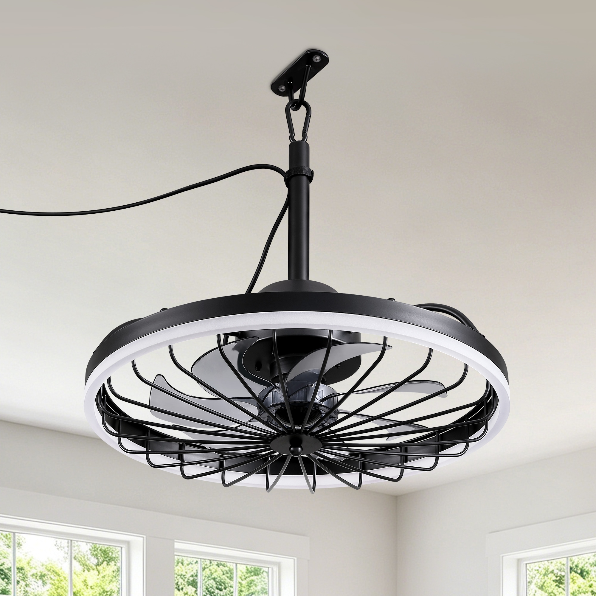 COBRRO  20 Inch Wet Location IP65 Weather Resistant Plug-In Outdoor Caged Ceiling Fan With LED Light Kit Remote Control Included All Weather Fandelier for Covered Porch Patio Garden Gazebo
