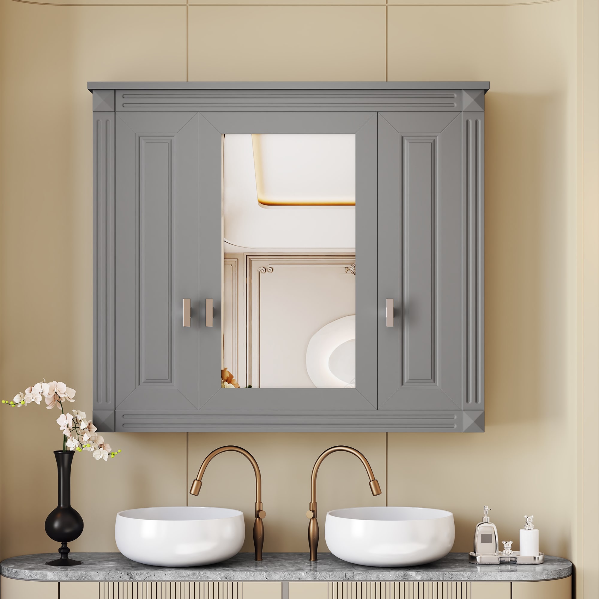 Homy Casa 36-in W Surface Mount Mirrored Rectangle Medicine Cabinet with Mirror Adjustable Shelves Over Toilet Storage Stone Gray