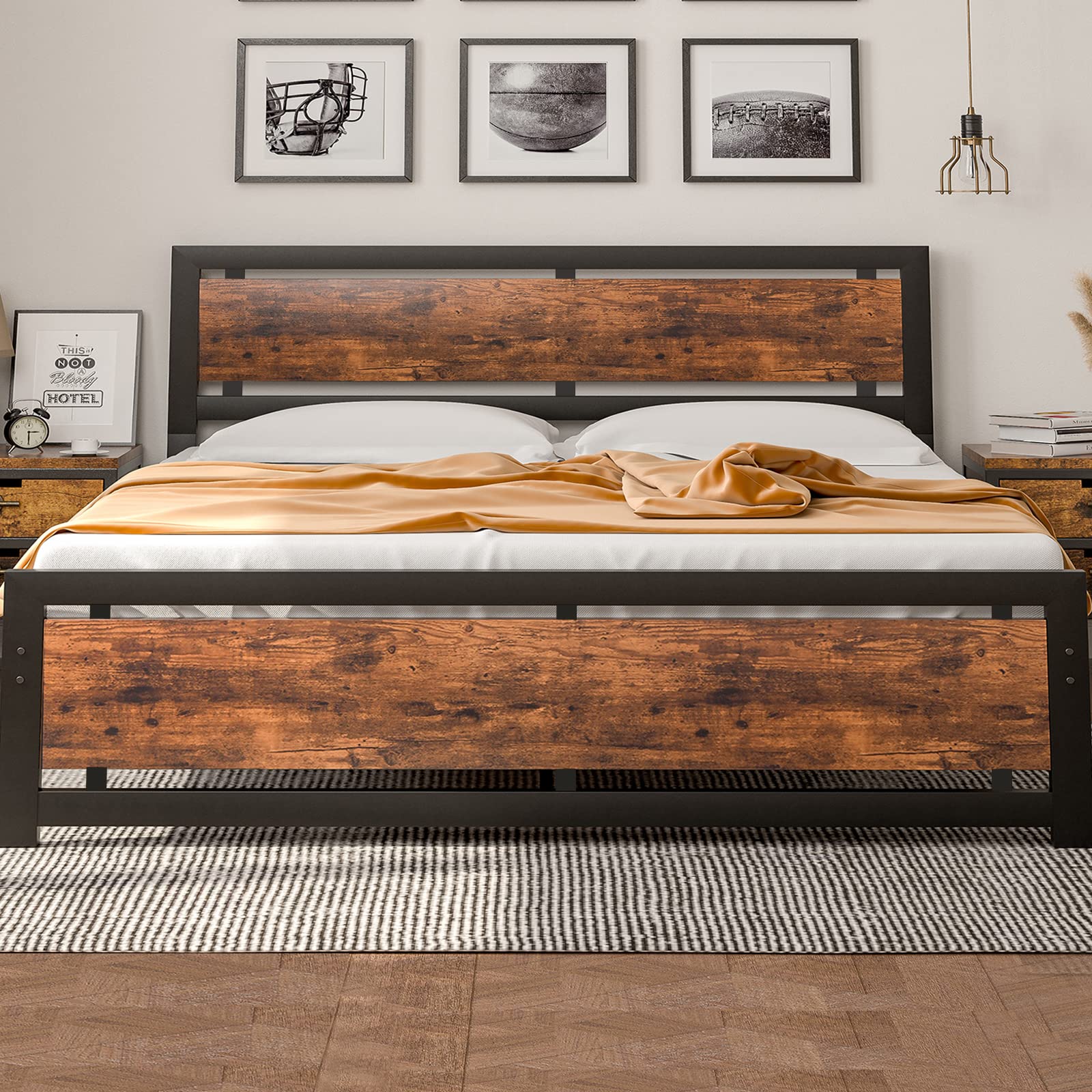 LTMATE LSCHYX-RBT01-HSMK Black Wood (vintage) King Metal Bed frame Bed