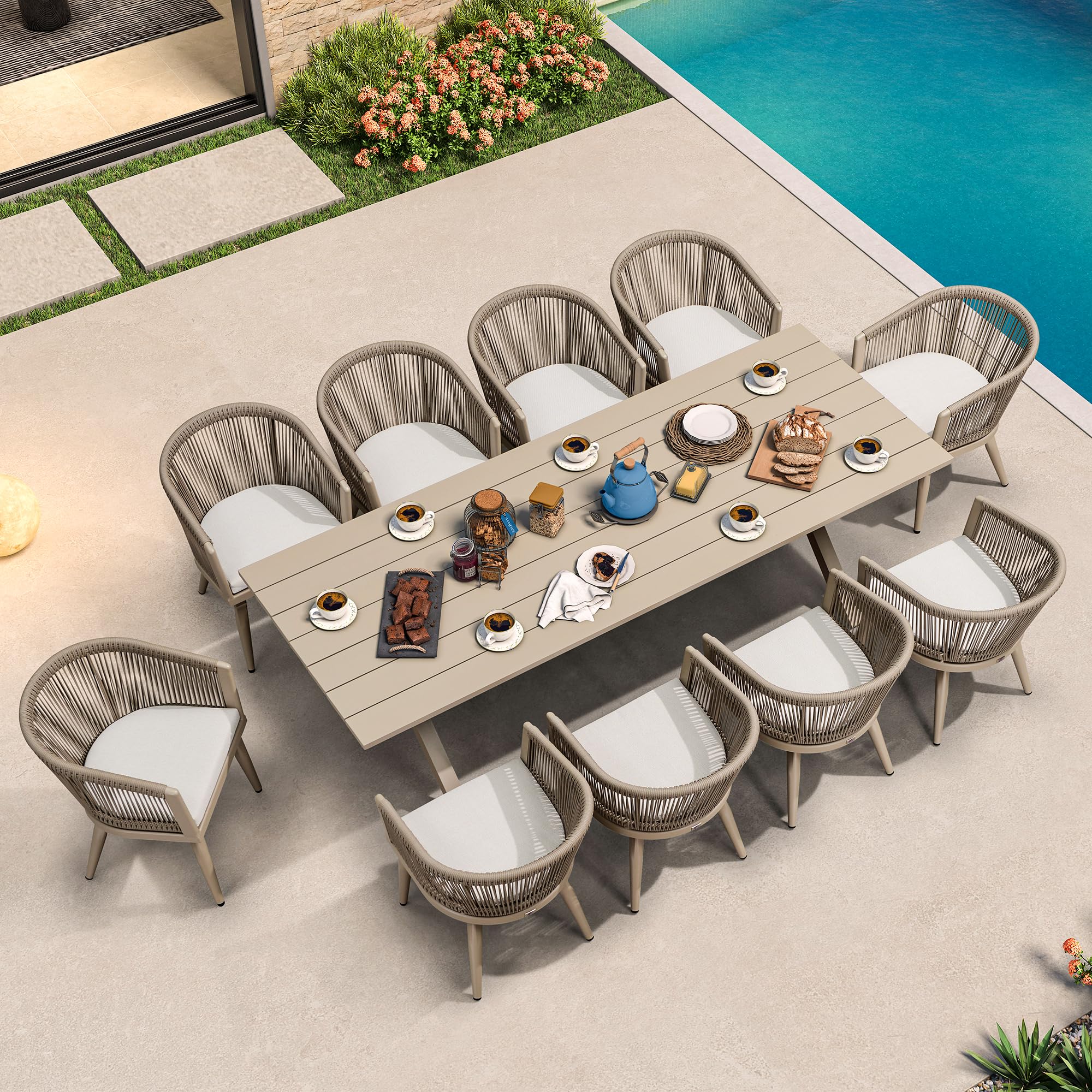 PURPLE LEAF LS04-BTLDS11-CP-265 Patio dining set 11 -Piece 10-seats Patio Dining Set Aluminum Rectangle Table with 10 Yellow Cushions Stationary Chairs