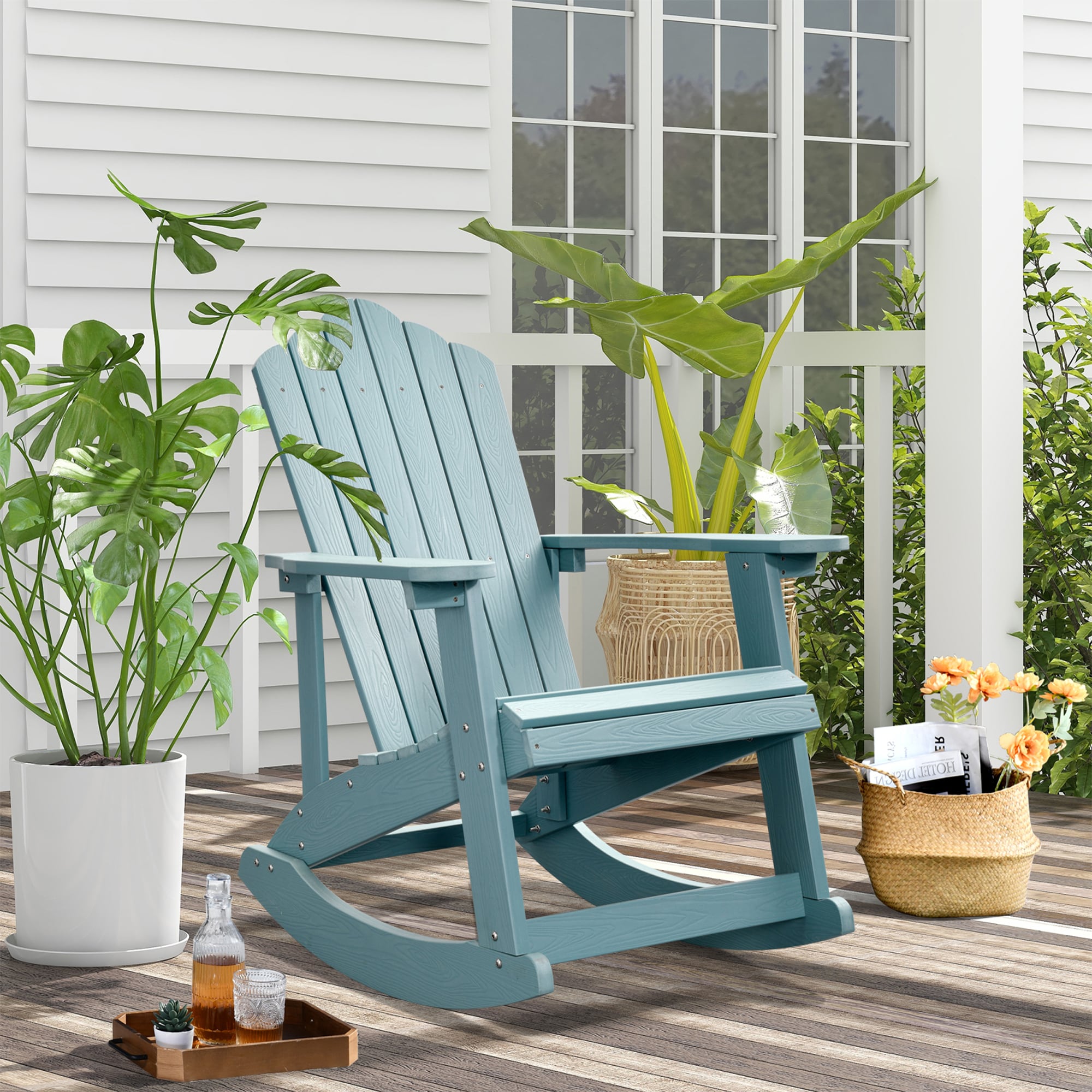 Pouuin SFRC800A Frame Color/Finish Light Blue Plastic Frame Rocker Adirondack Chair with Slat Seat