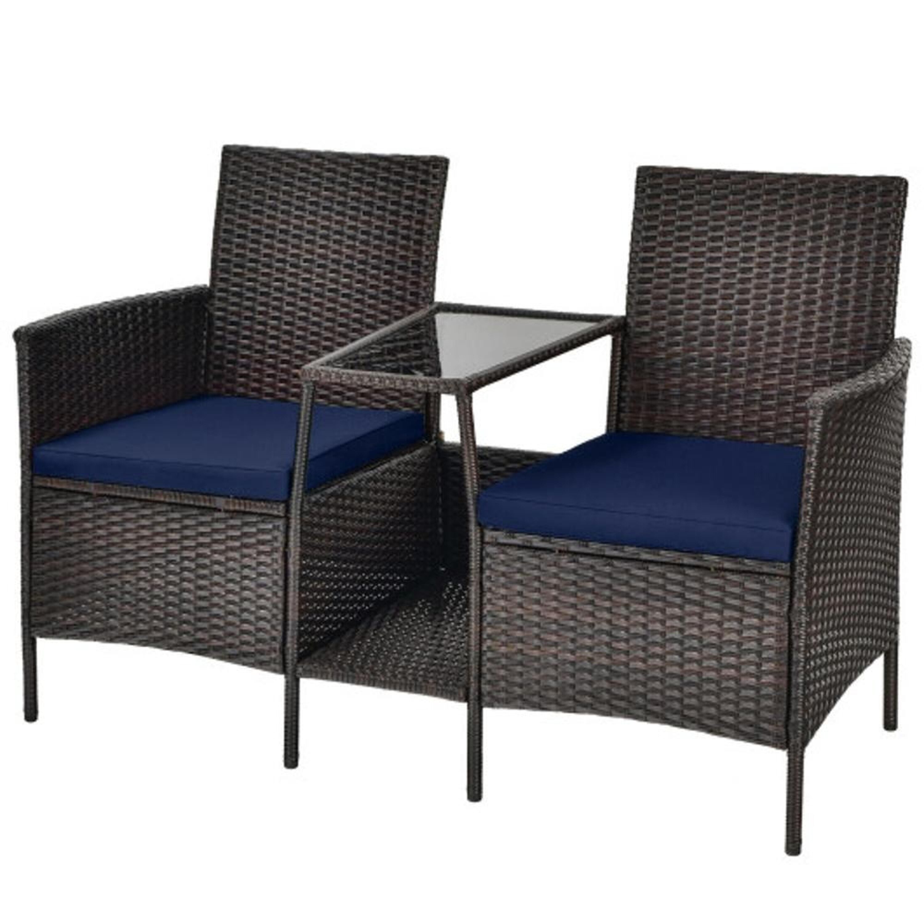 BABOOM BOM-8786NY-CO Rattan Furniture Set Rattan Outdoor Loveseat with Navy Cushions and Steel Frame