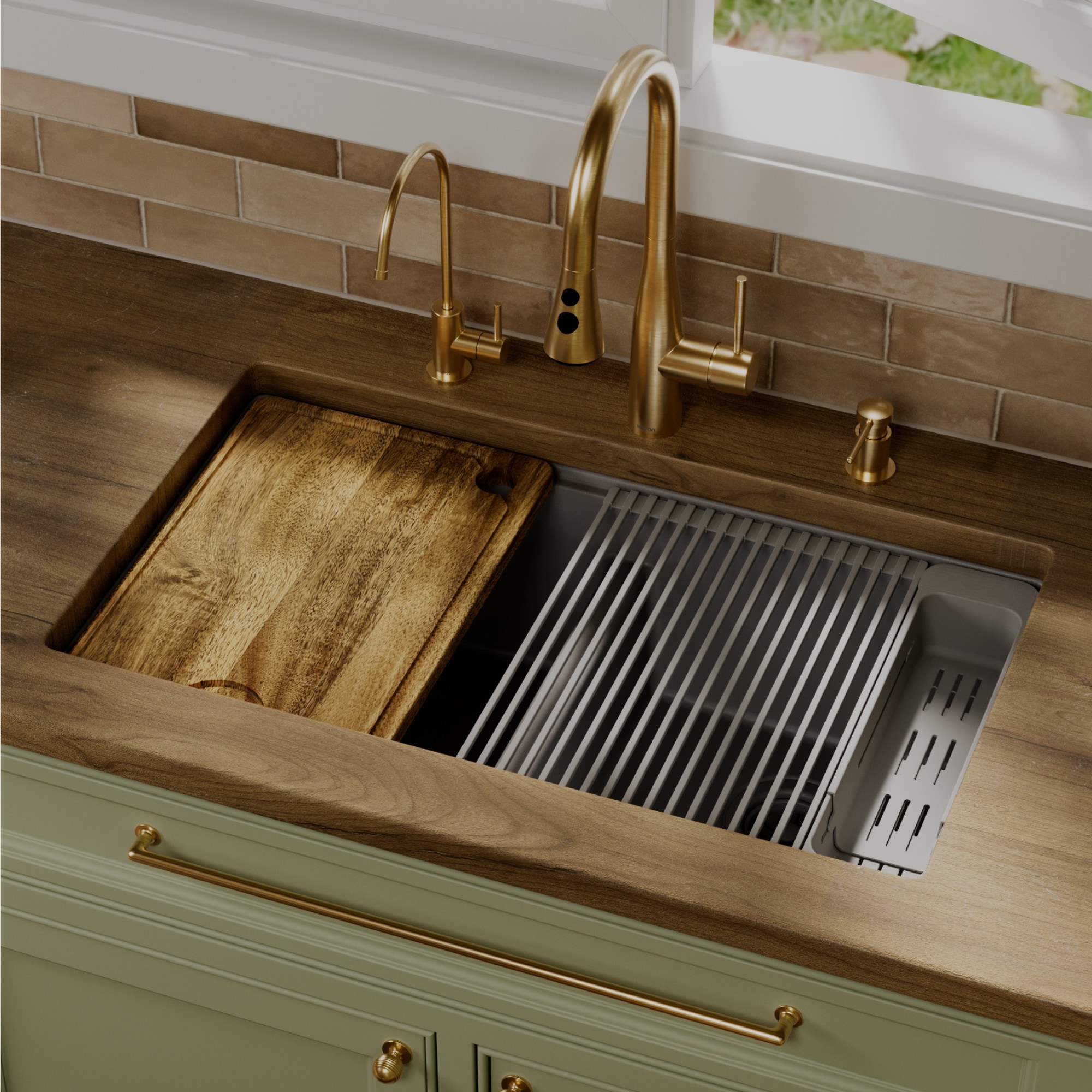 Karran Undermount 32.38-in x 19.13-in Quartz Double equal bowl Workstation Kitchen Sink