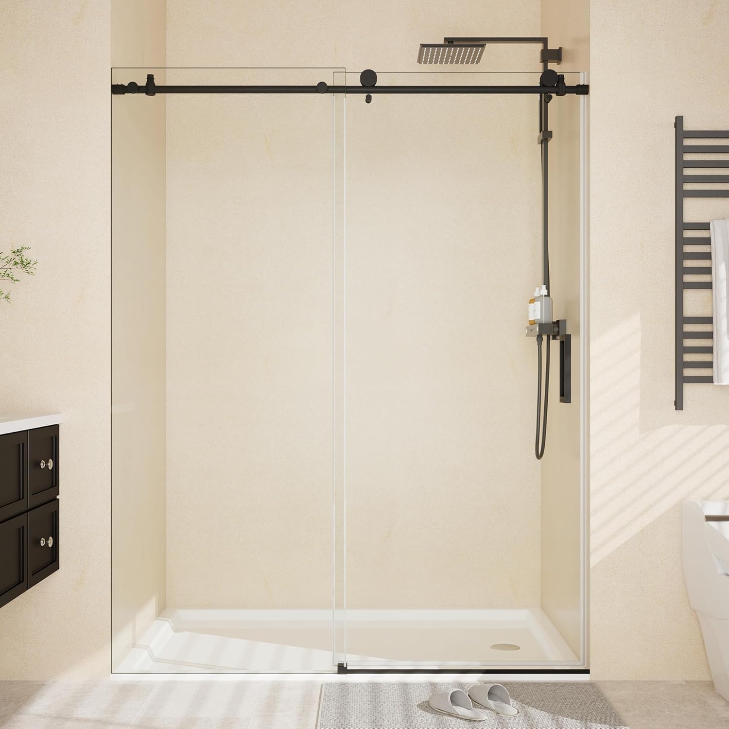 Qeetex 56-60 inch W x 76 inch h Frameless Sliding Shower Door Waterproof Glass Shower Door 5/16 inch Thick Tempered Clear Glass with Explosion-Proof Film Handle and Seal Strip Brushed Nickel