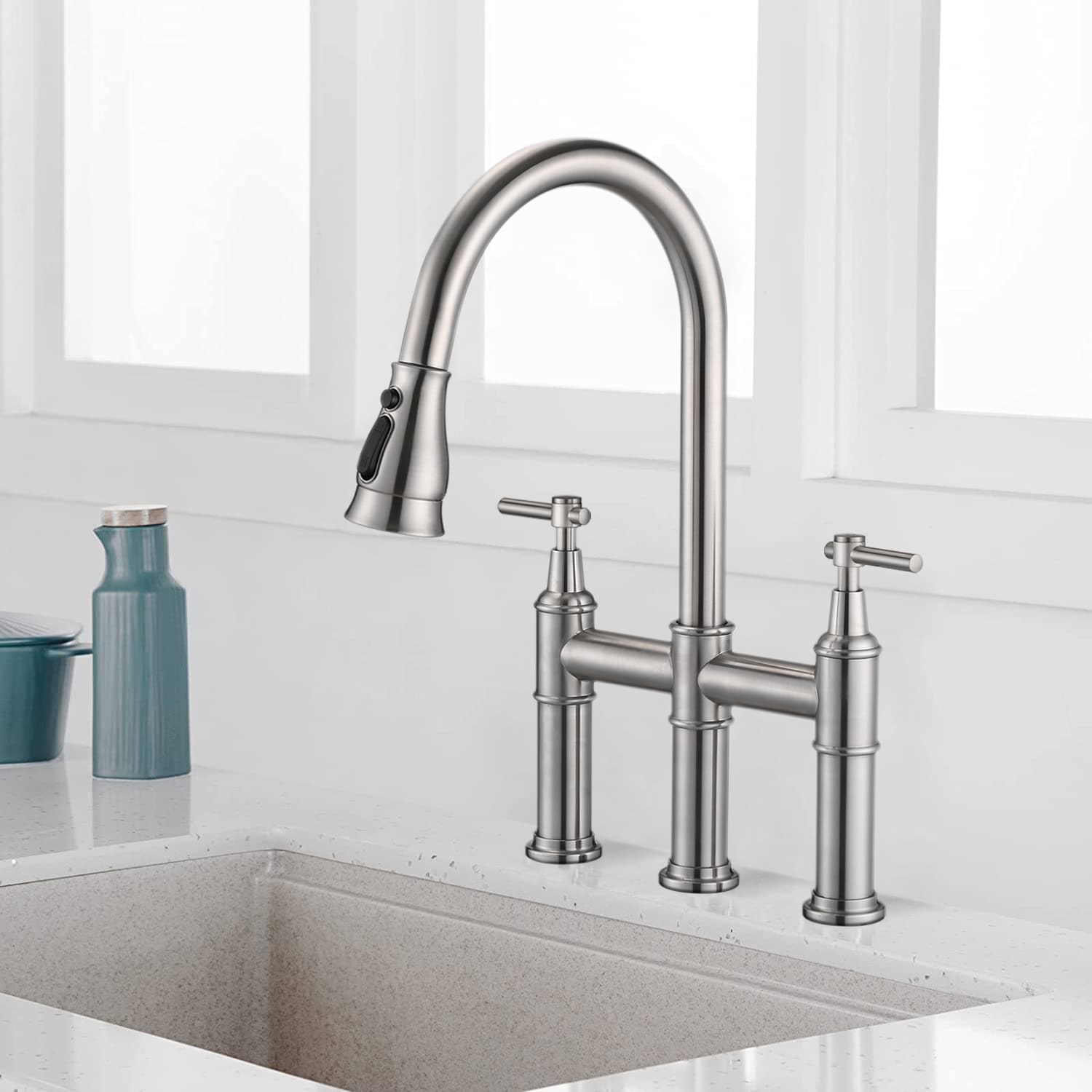 Fapully Brushed Nickel Double Handle Bridge Kitchen Faucet with Sprayer ...