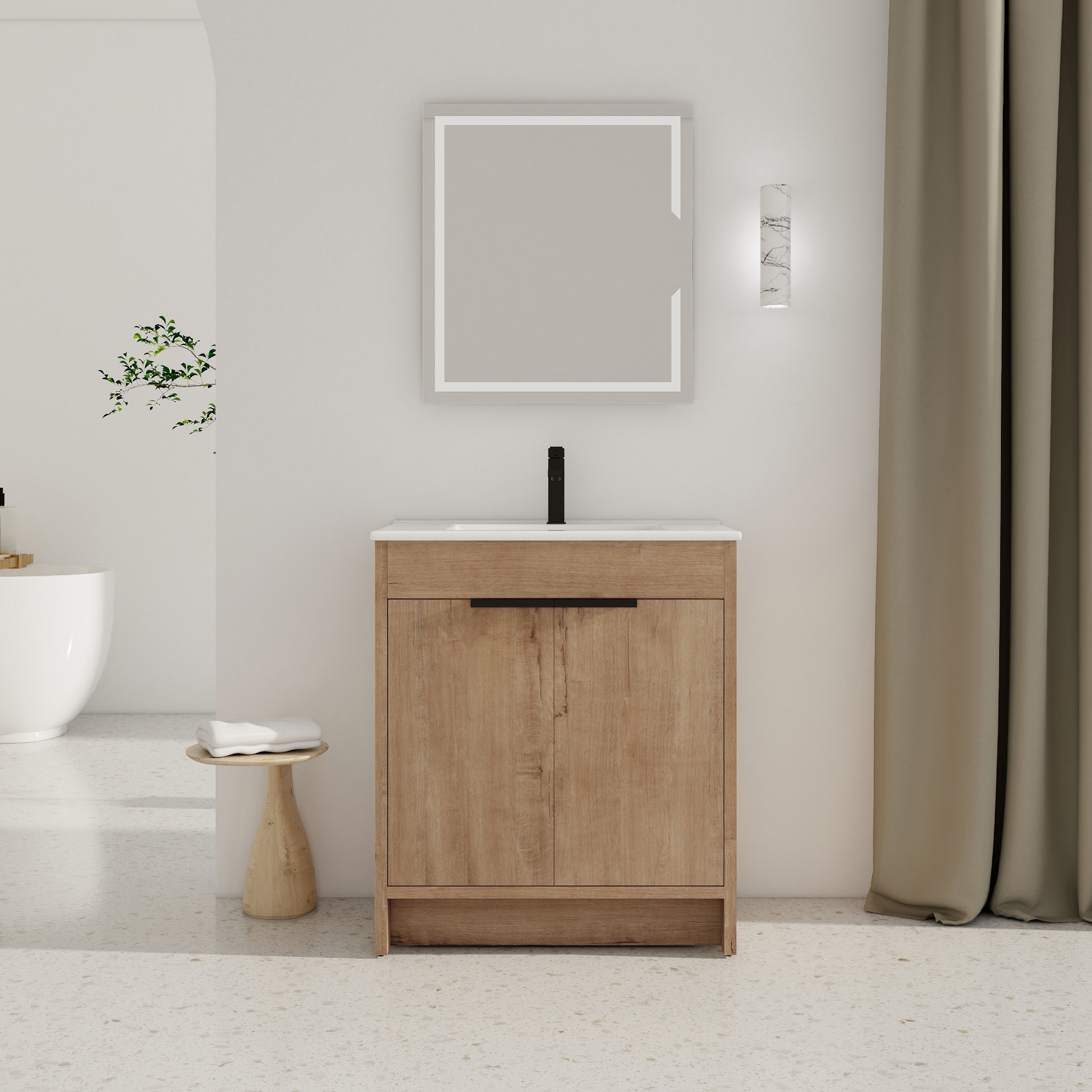 Tatayosi - 30inches Freestanding Bathroom Vanity with White Ceramic Sink 2 Soft-Close Cabinet Do...