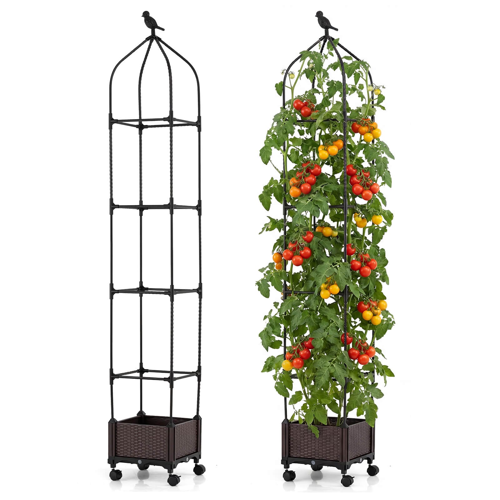 Costway -  2 PCS Raised Garden Bed Tomato Cage Planter Box with PE-Coated Metal Trelli Wheels