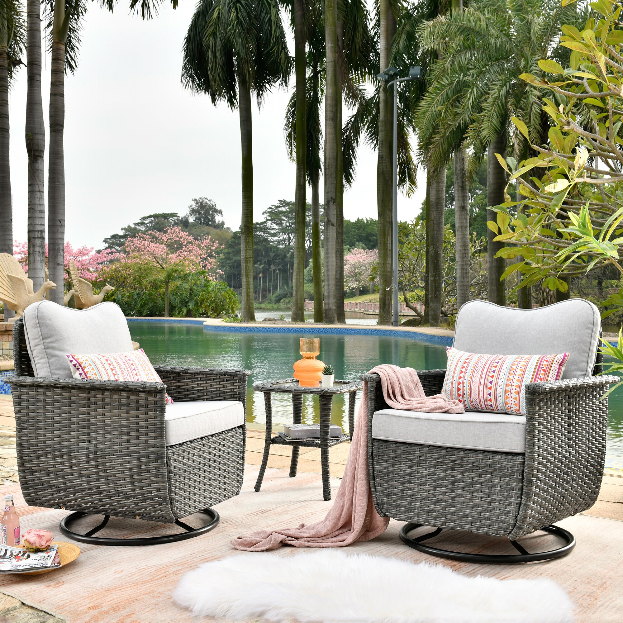 Ovios BP-4Y Nature 3 -Piece Wicker Patio Conversation Set with Gray Cushions