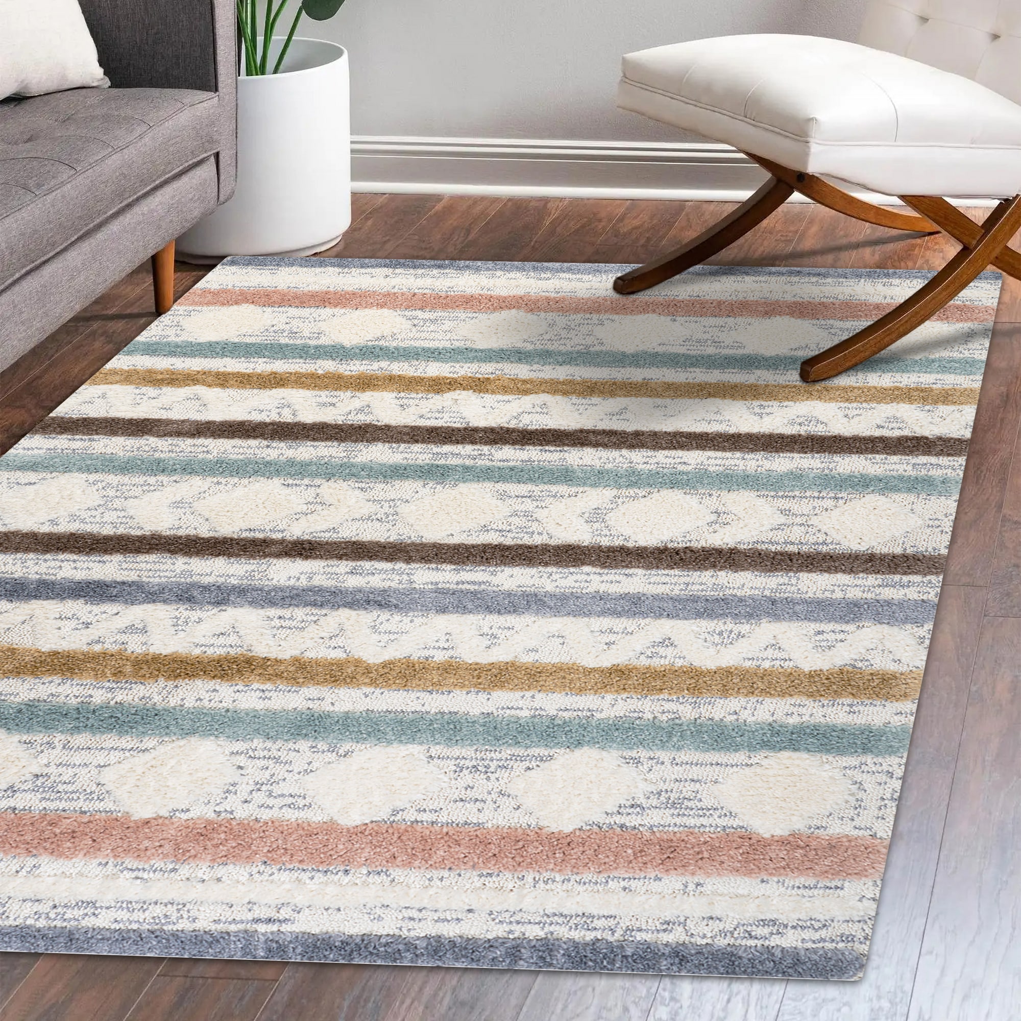 Gray and Multicolor Striped Synthetic 4' x 6' Area Rug