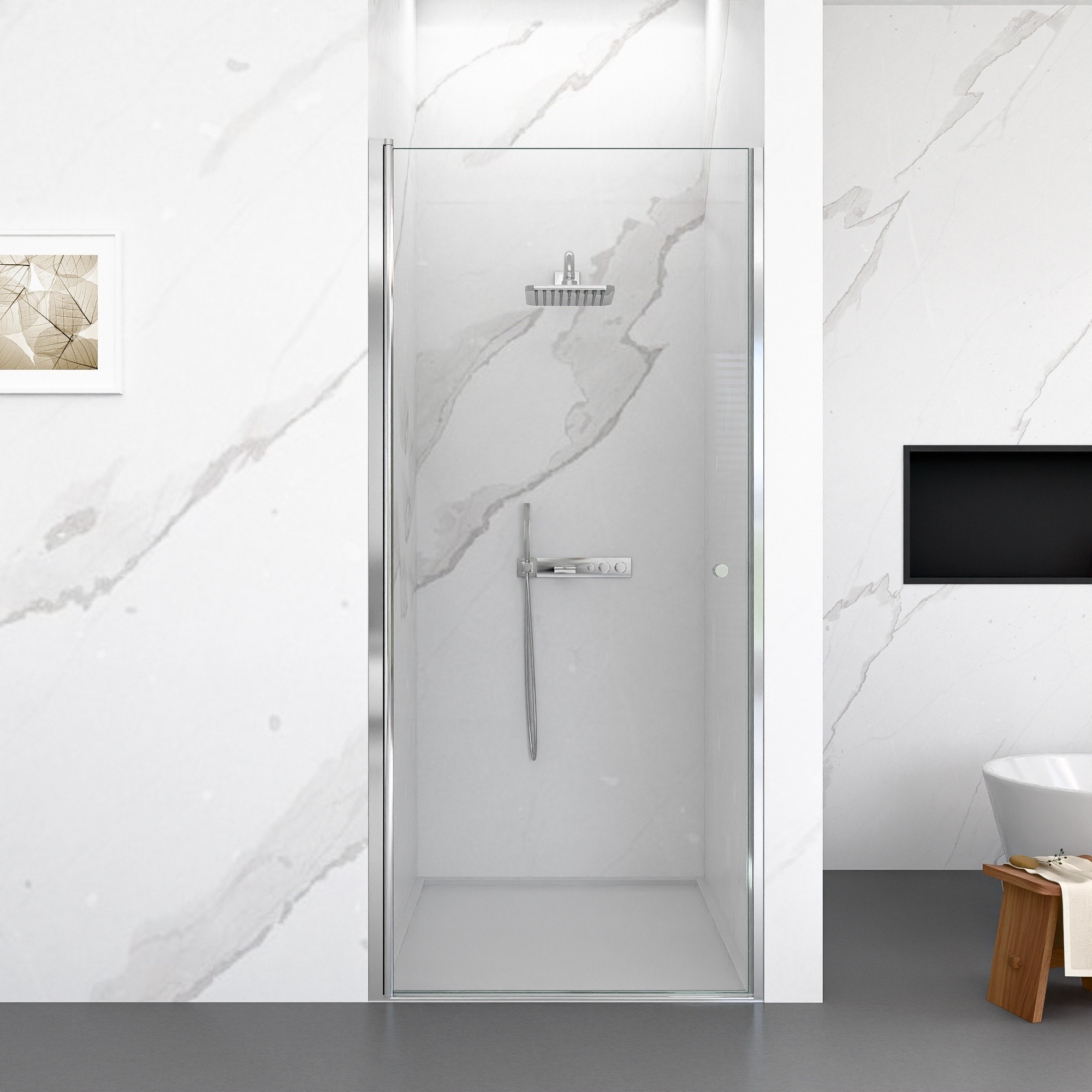 IAK 24 inch x 72 inch Chrome Semi-Frameless Circular Pivot Shower Door with 1/4 inch Thick SGCC Tempered Glass