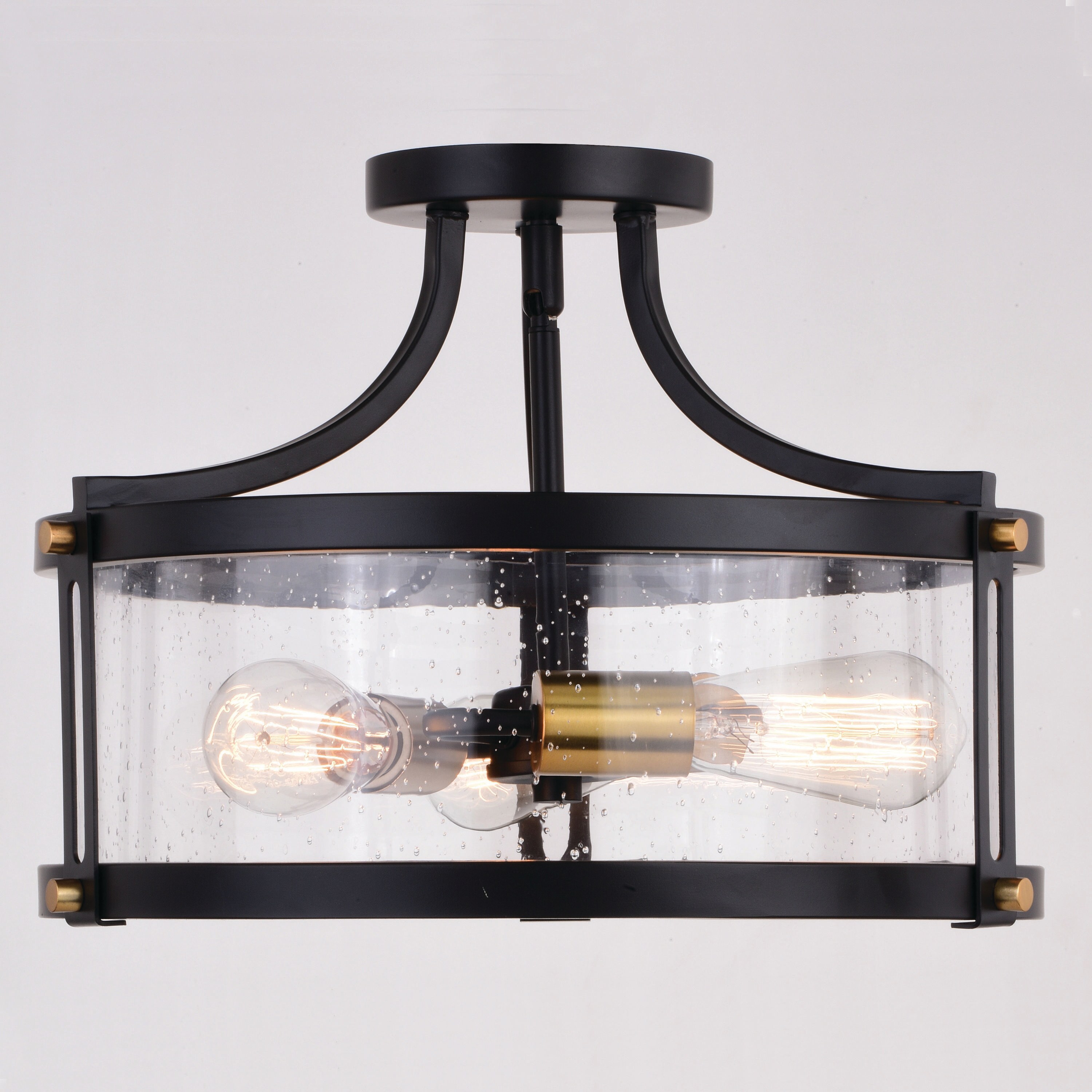 Holbrook 15.75" Matte Black & Satin Brass Drum Semi-Flush Mount with Clear Seeded Glass