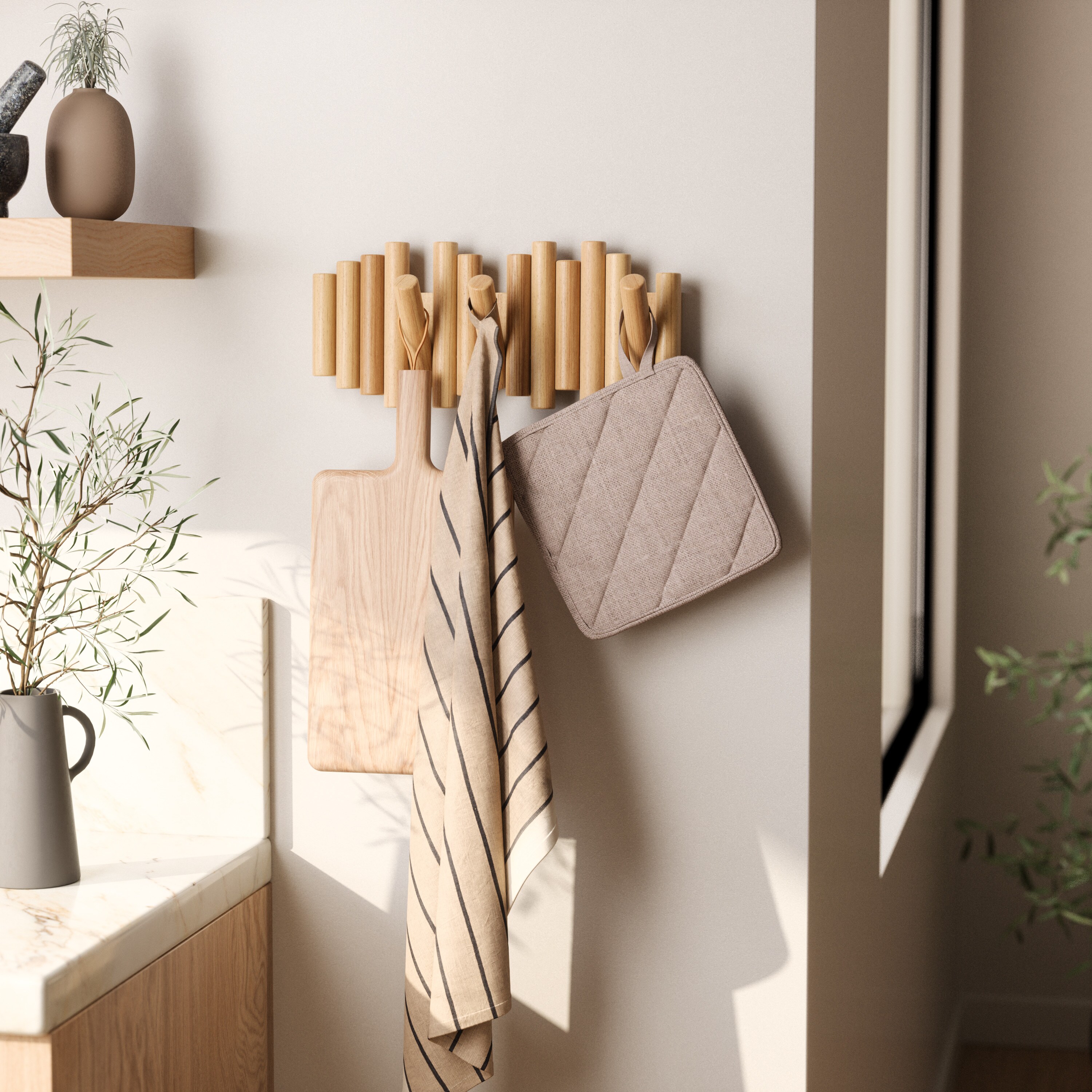 Beveled Pine Wood Wall Art with 5 Flip-Down Hooks