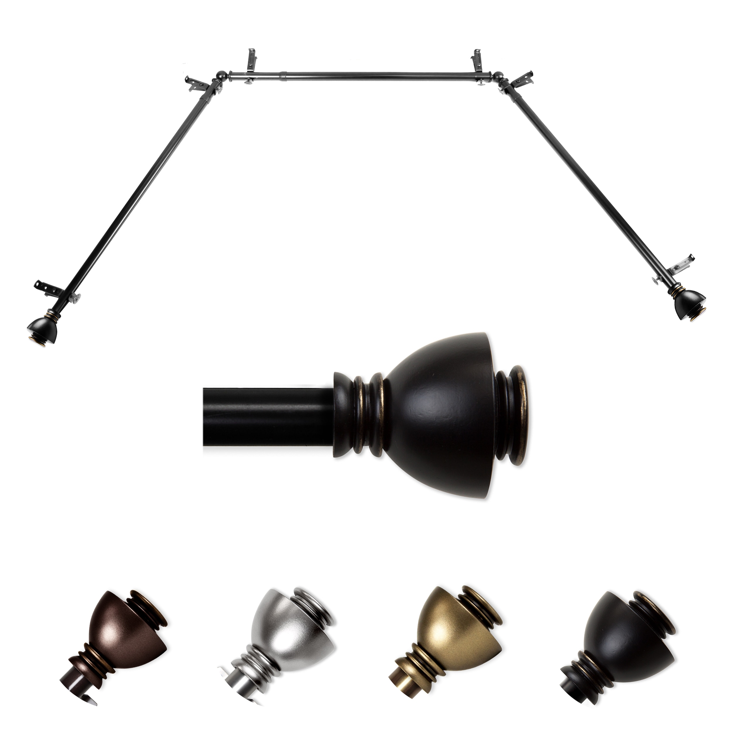 Hart & Harlow L-ABAY-86-2 Willard 13/16-in Bay Black Steel Bay window curtain rod with Finials