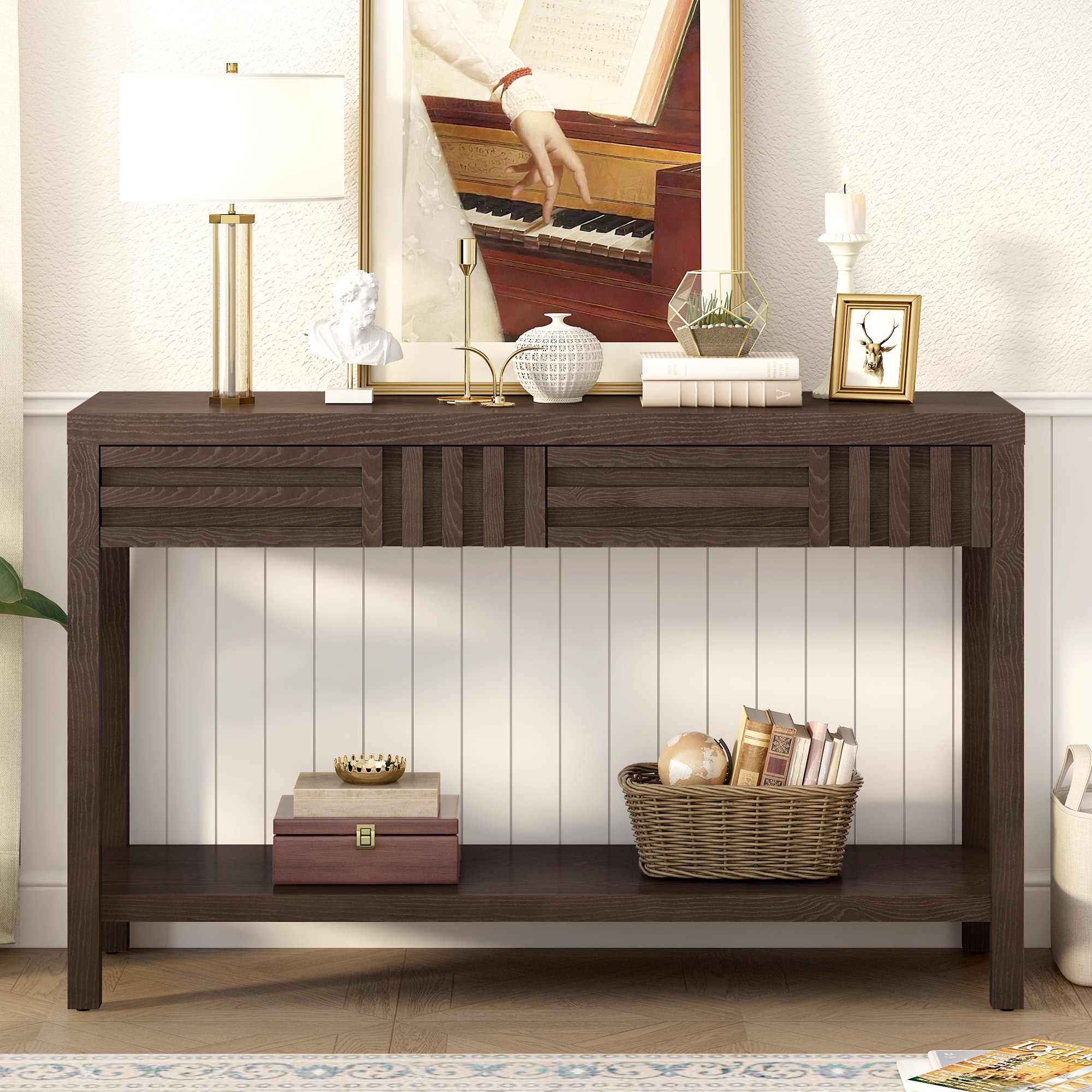 ModernLuxe N711P230810D Modern Ash Veneer Console Table Classic Striped Design with 2 Drawers  Open Shelf Perfect for Living Room Hallway Entryway Study Room